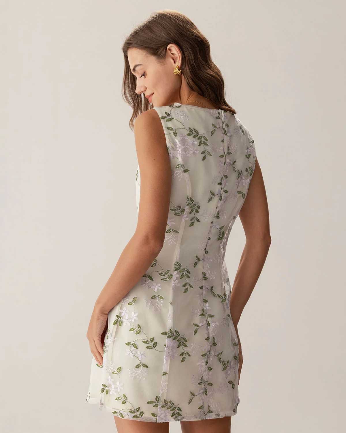 Beige Square Neck Embroidery Slit Slip Mini Dress - Image 5