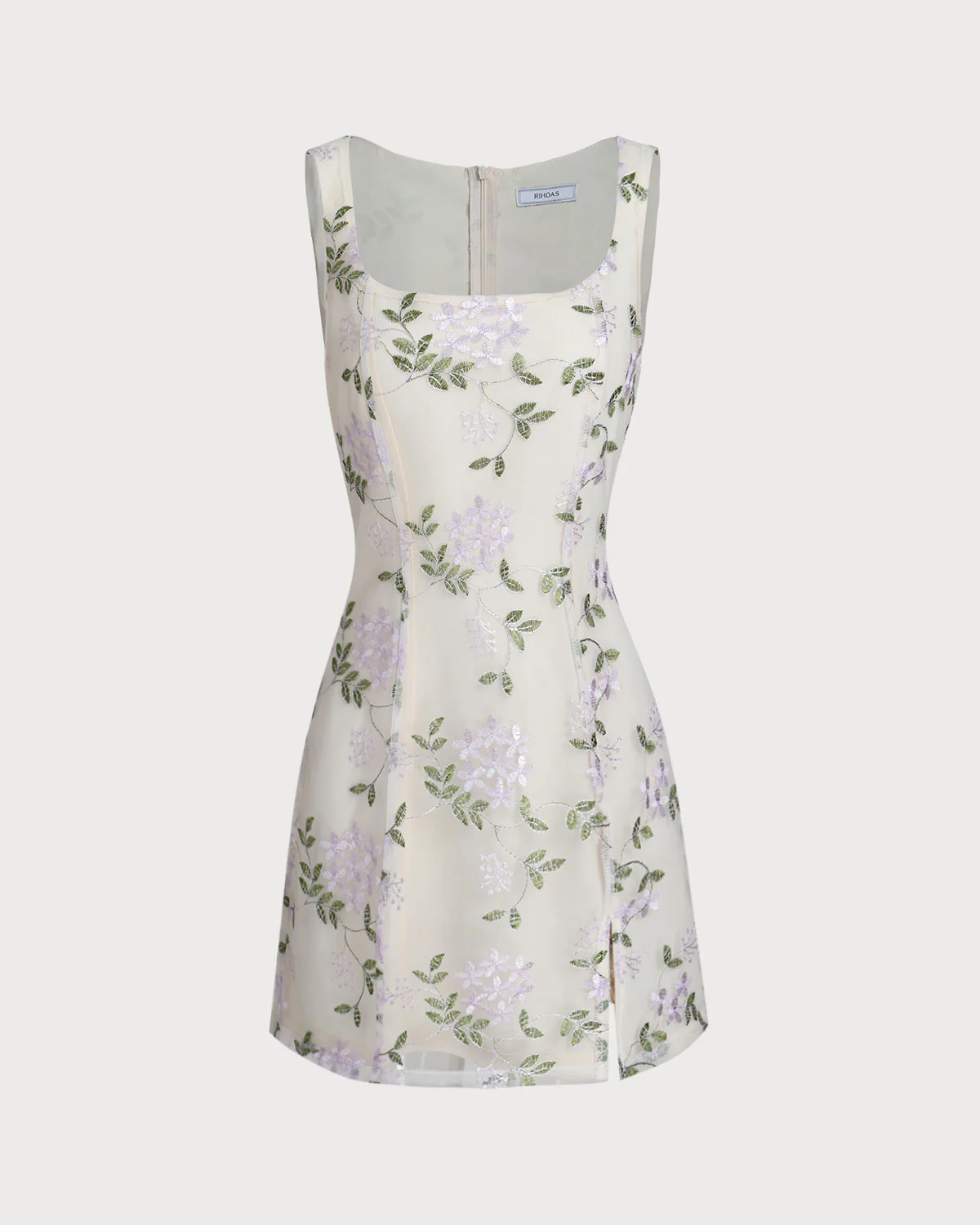 Beige Square Neck Embroidery Slit Slip Mini Dress - Image 7
