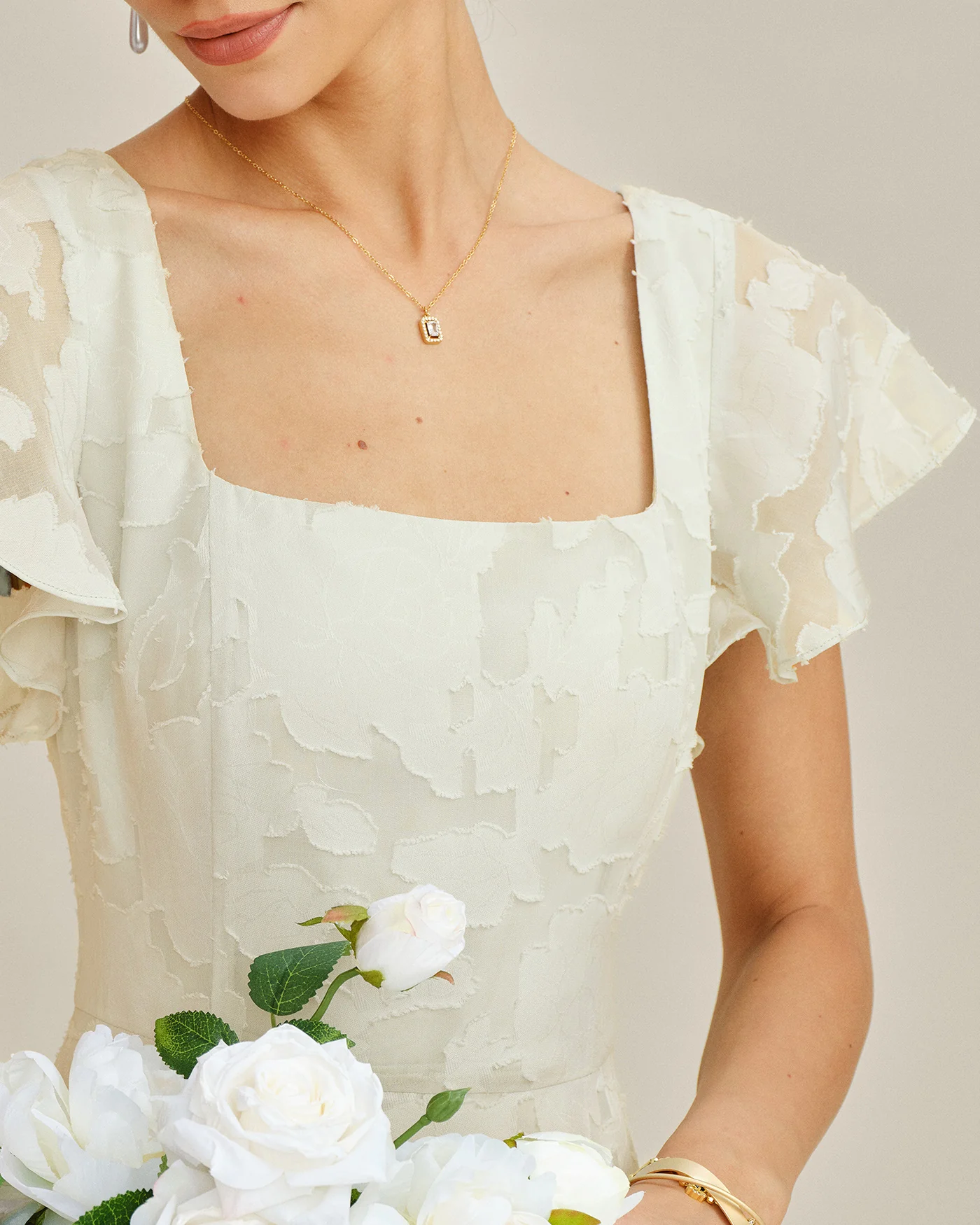 Beige Square Neck Jacquard Midi Dress - Image 2