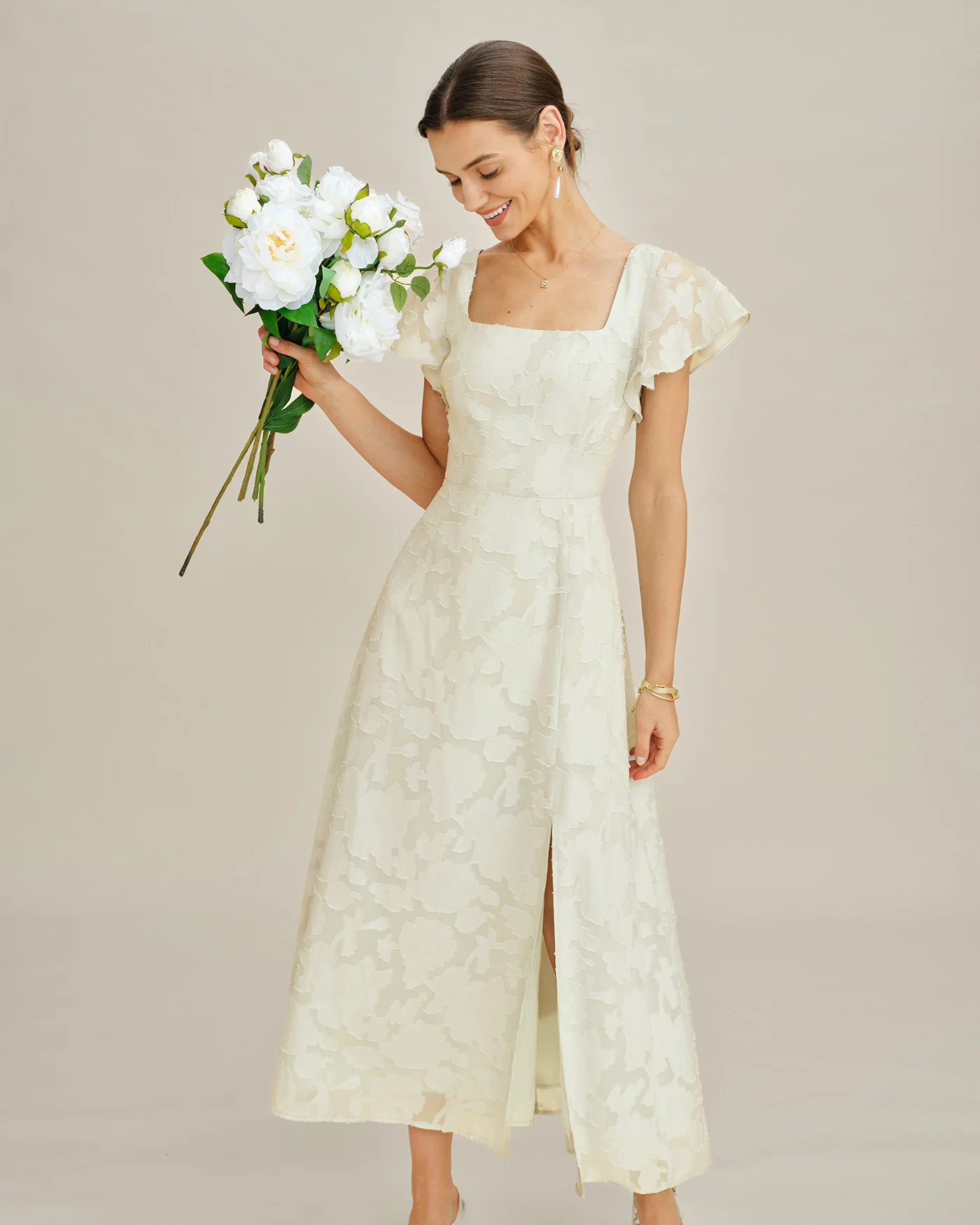 Beige Square Neck Jacquard Midi Dress - Image 3