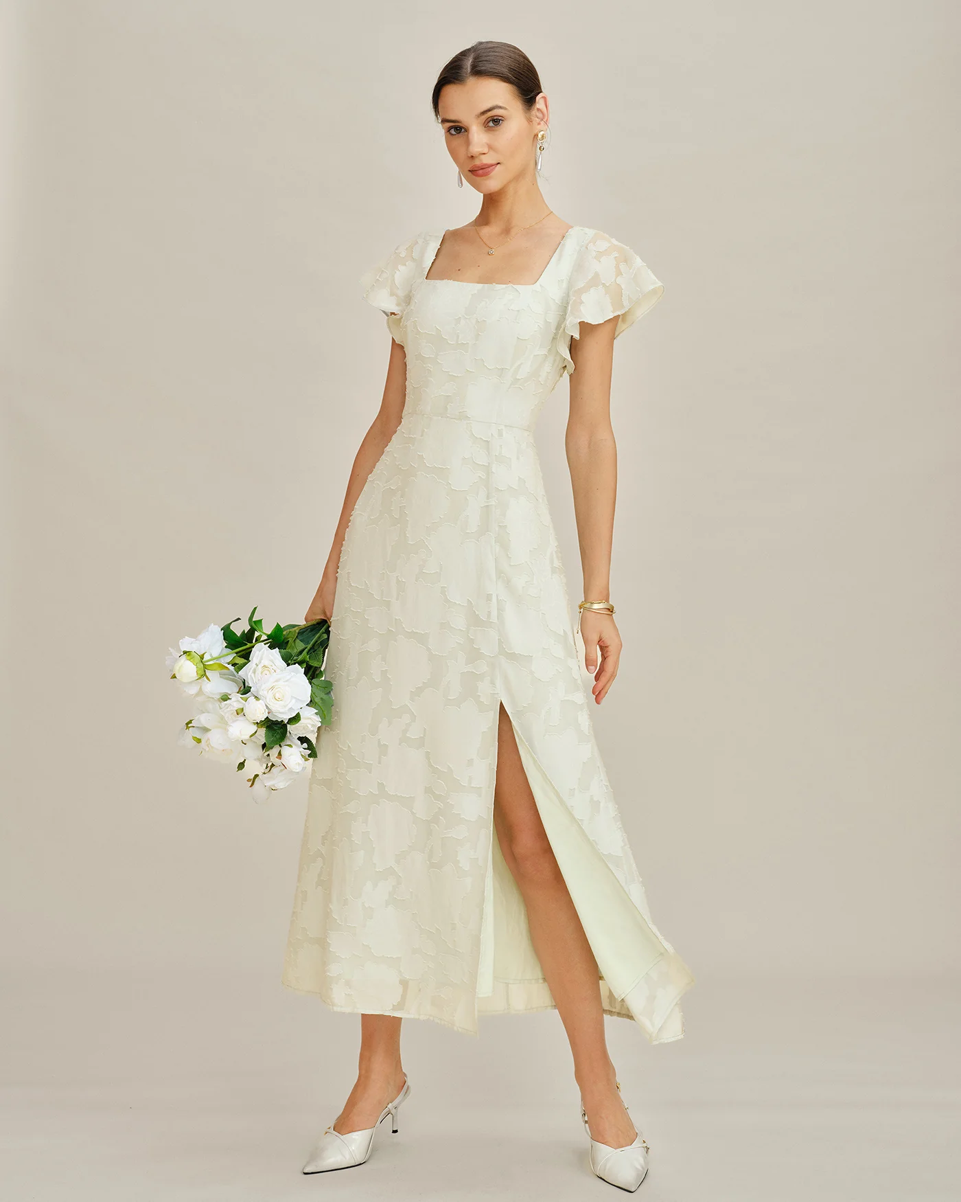 Beige Square Neck Jacquard Midi Dress - Image 4