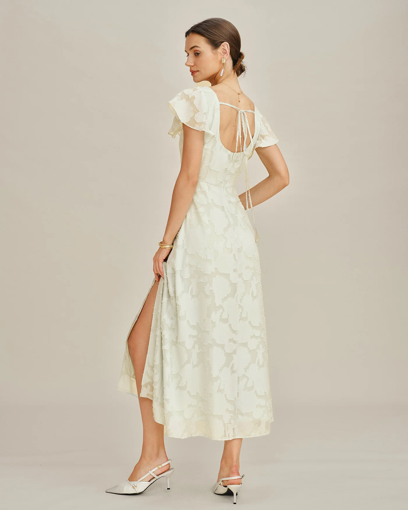 Beige Square Neck Jacquard Midi Dress - Image 5