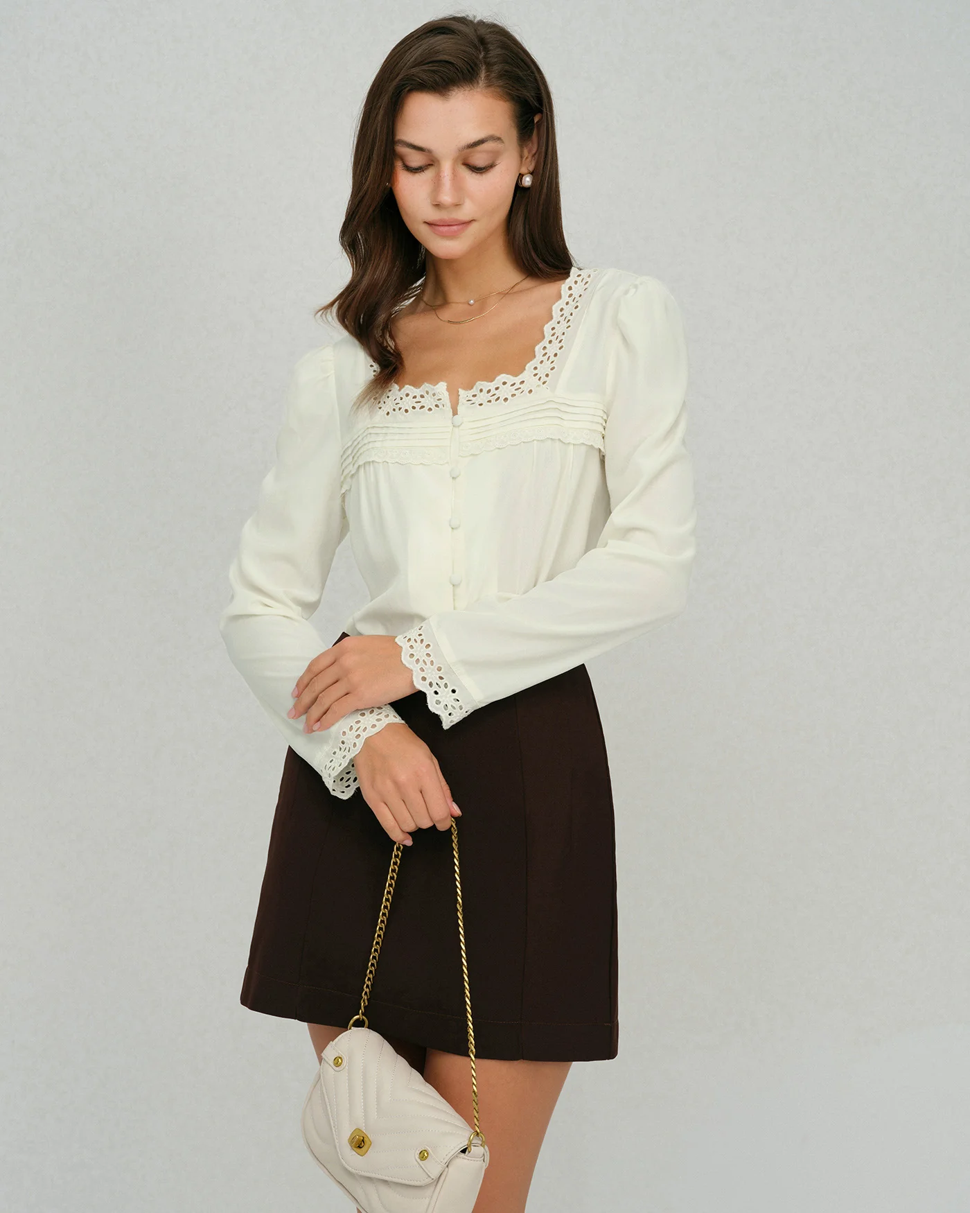 Beige Square Neck Lace Blouse - Image 2