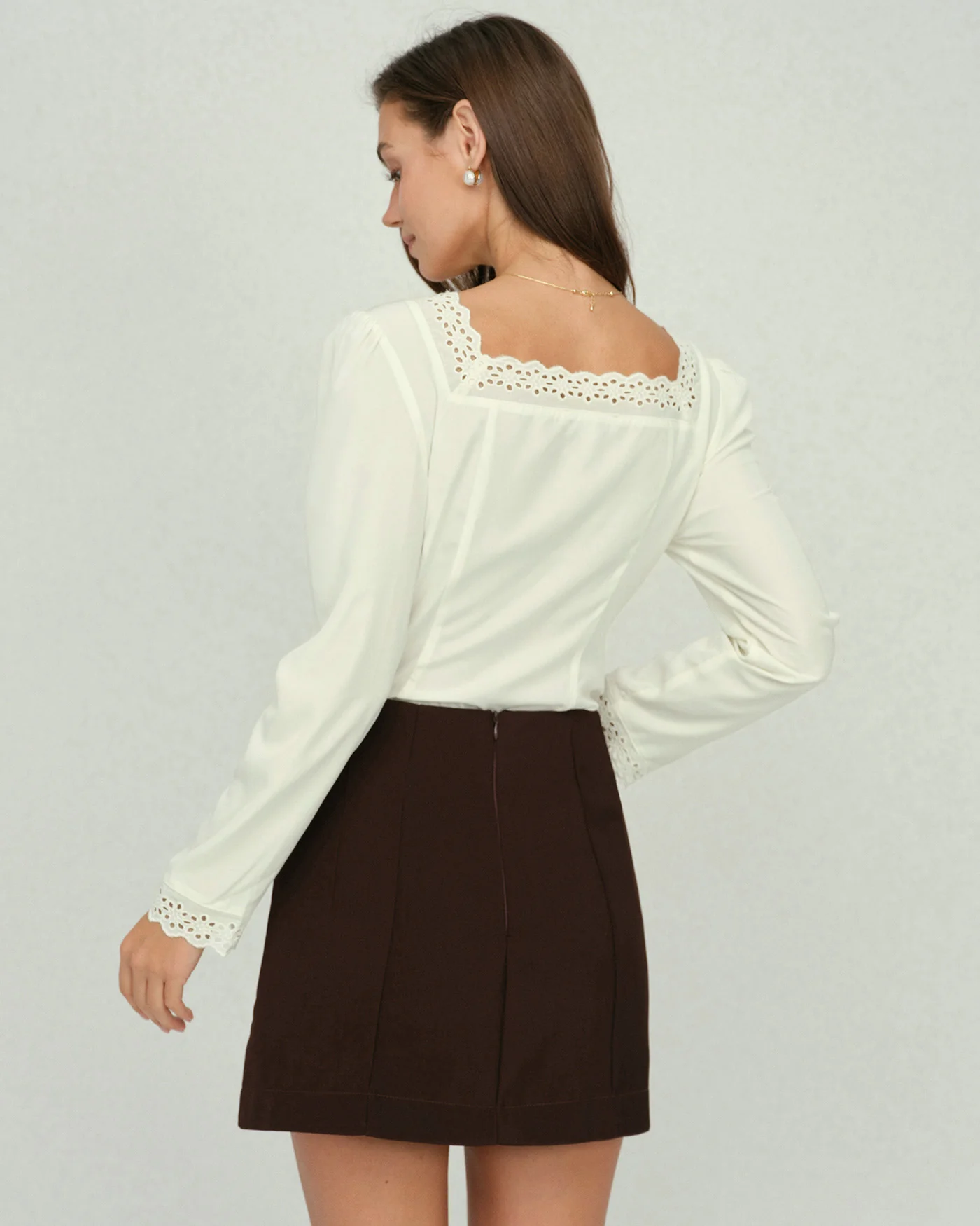 Beige Square Neck Lace Blouse - Image 3