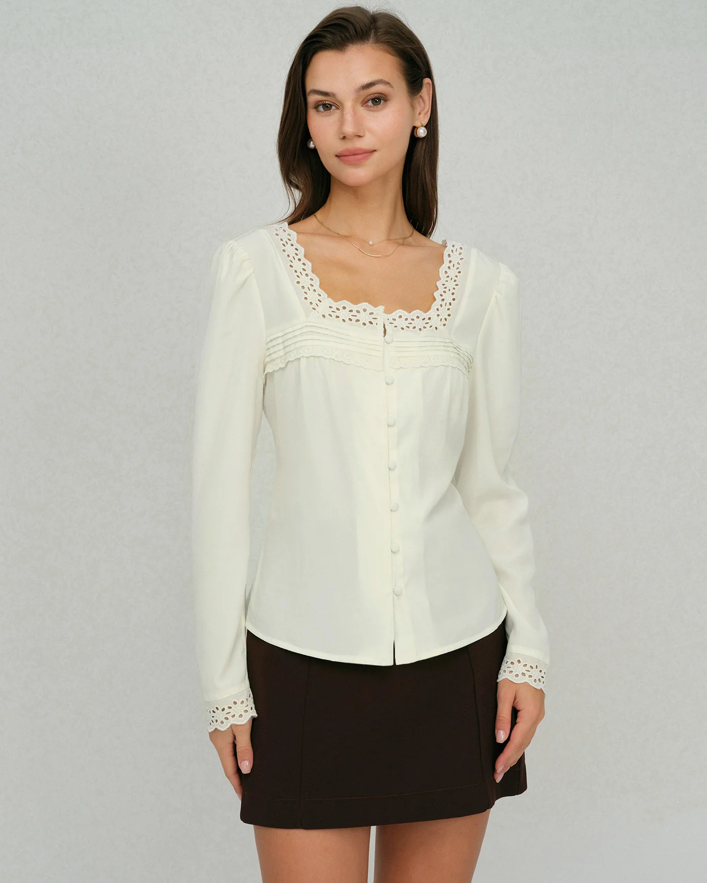 Beige Square Neck Lace Blouse - Image 4