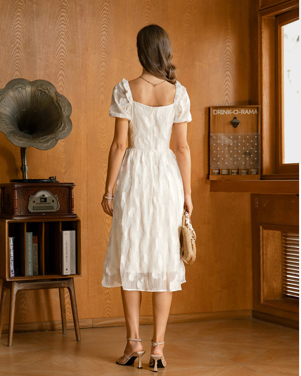 Beige Square Neck Puffed Sleeve Midi Dress - Image 5