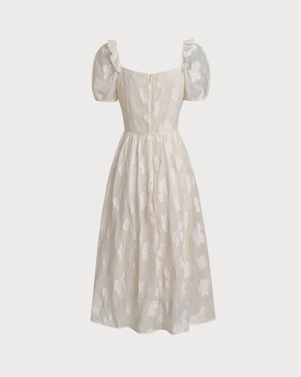 Beige Square Neck Puffed Sleeve Midi Dress - Image 7