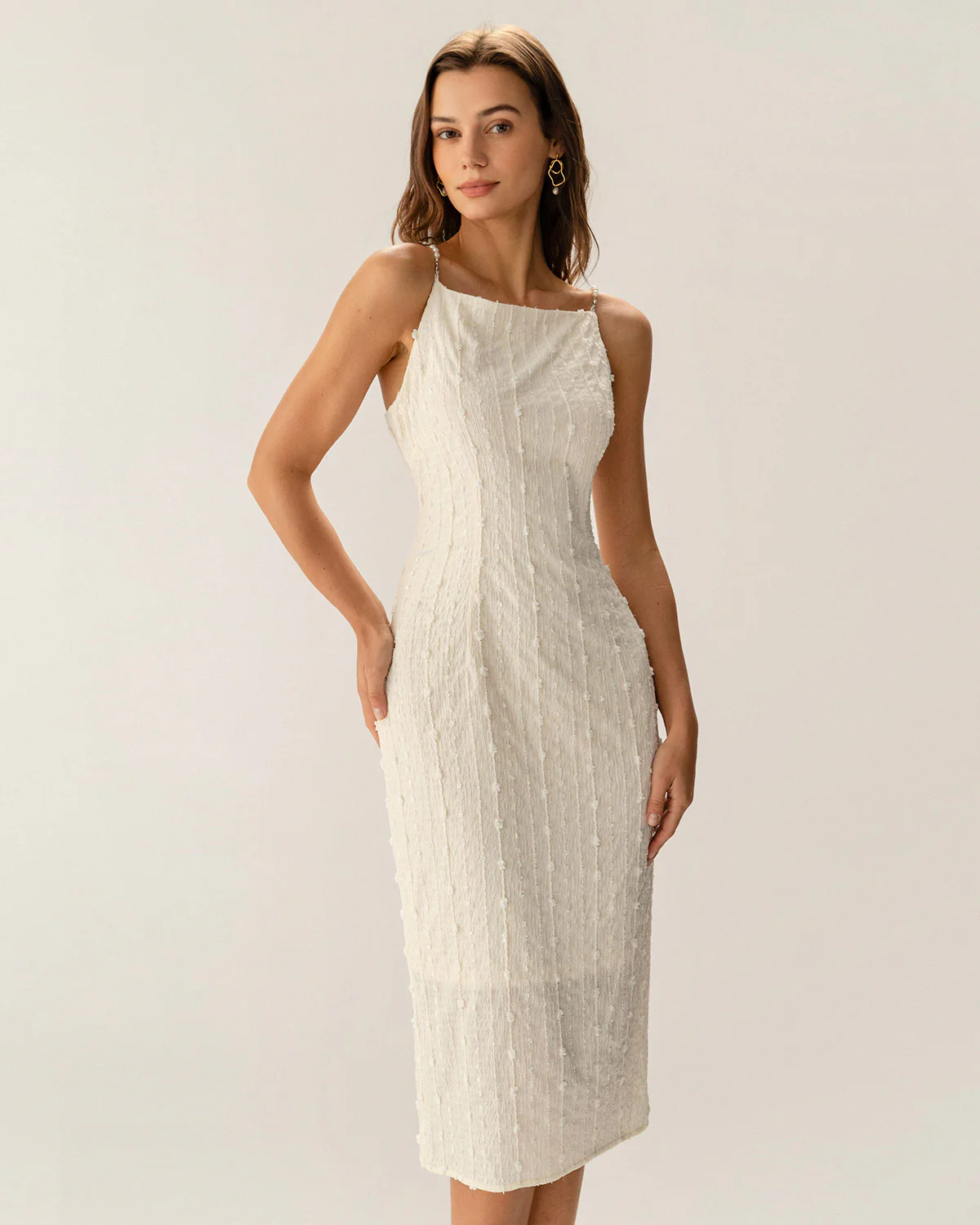 Beige Textured Beaded Slip Midi Dress - Image 5