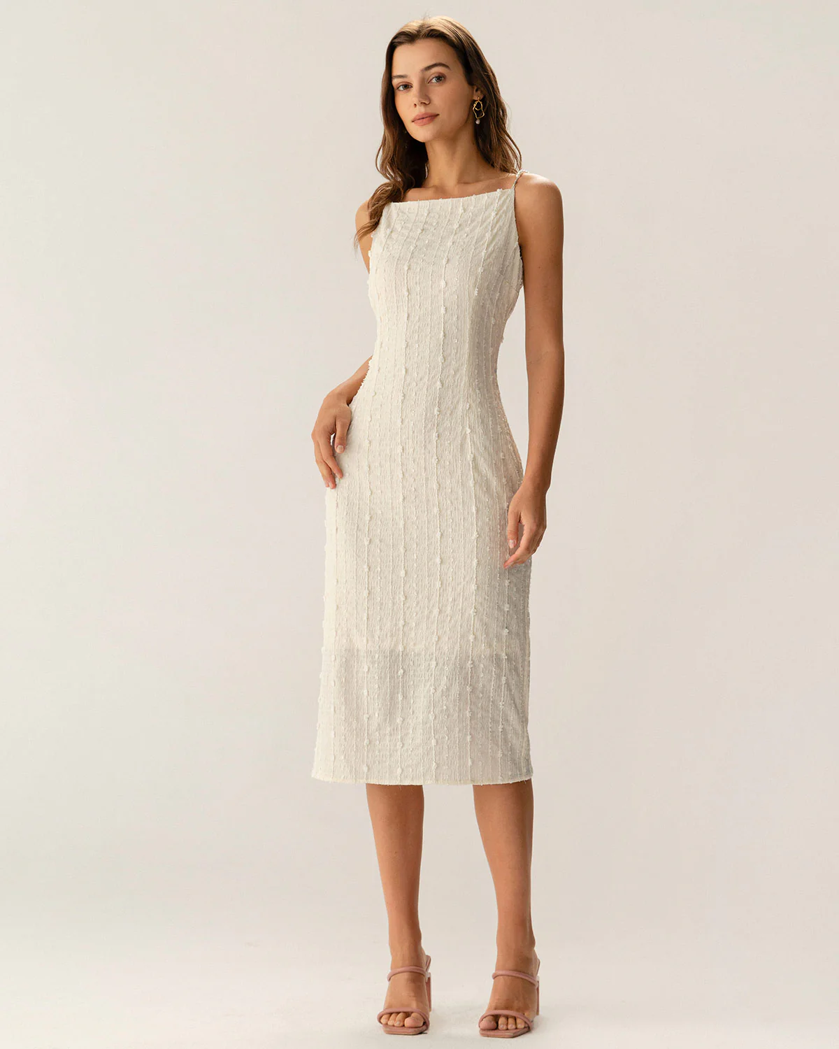 Beige Textured Beaded Slip Midi Dress - Image 7