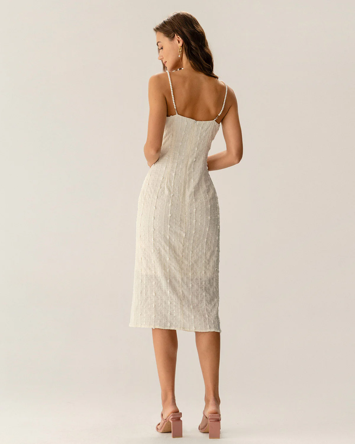 Beige Textured Beaded Slip Midi Dress - Image 8