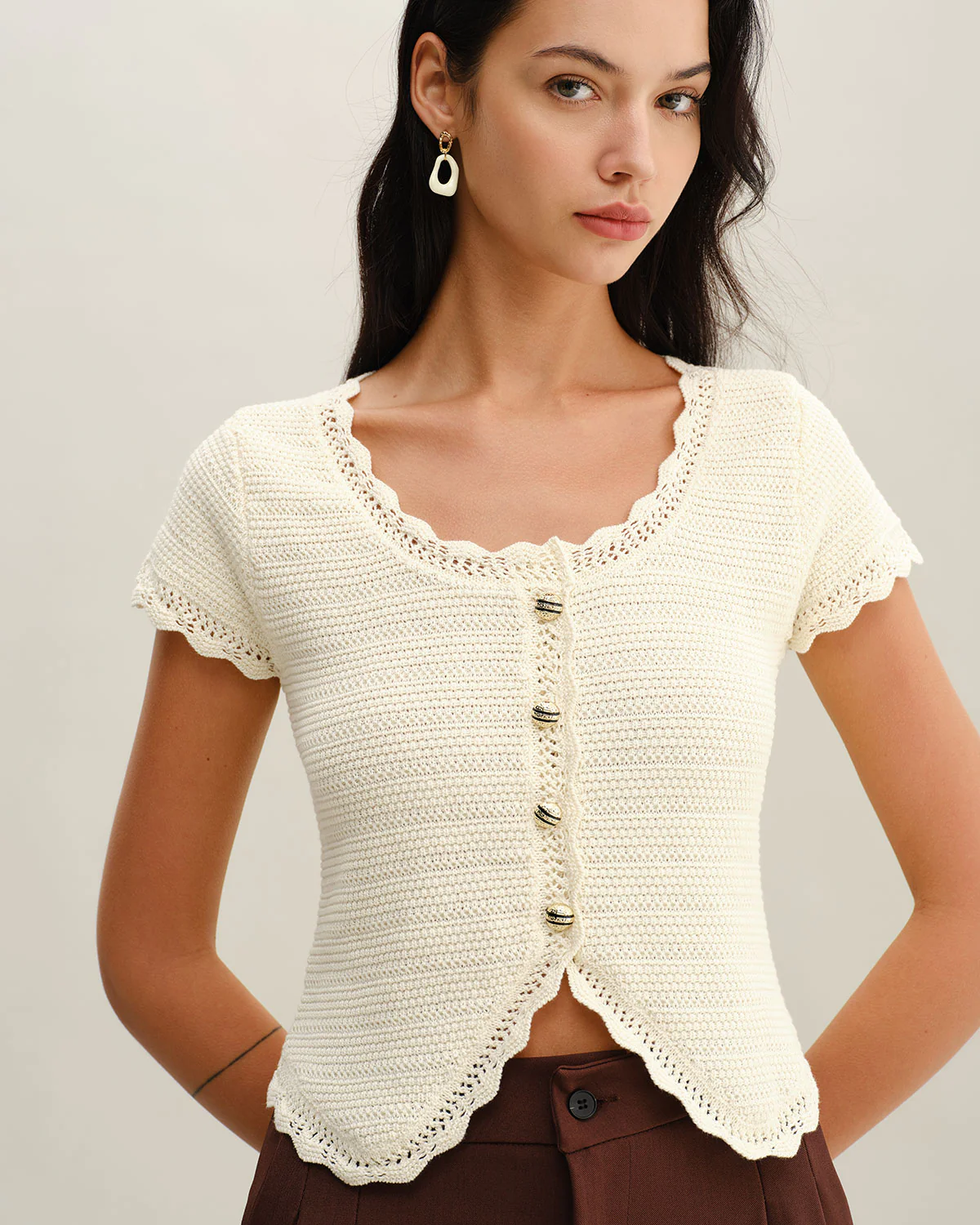 Beige U Neck Textured Cardigan - Image 2