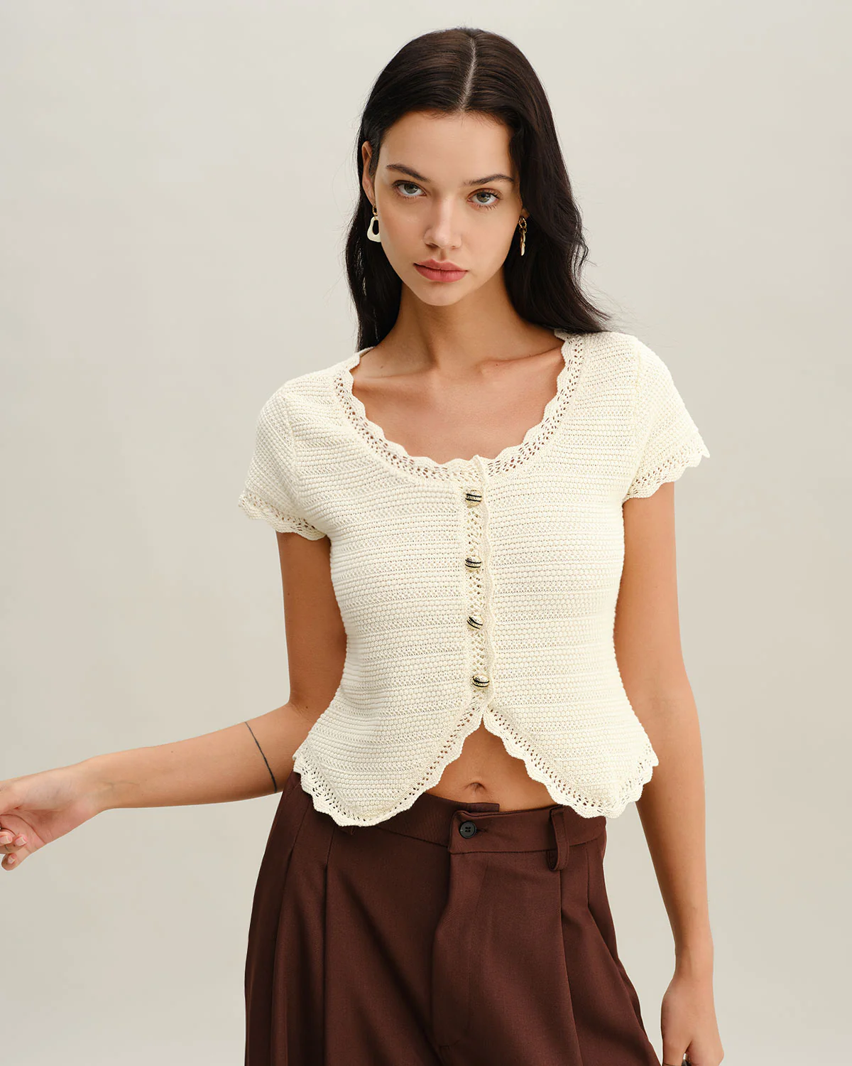 Beige U Neck Textured Cardigan - Image 3
