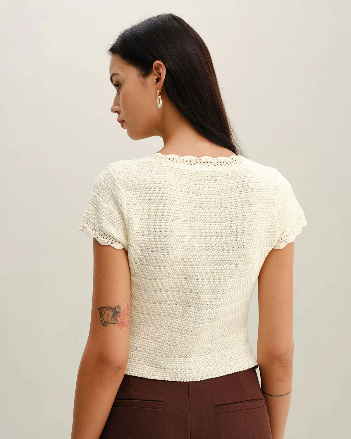 Beige U Neck Textured Cardigan - Image 4