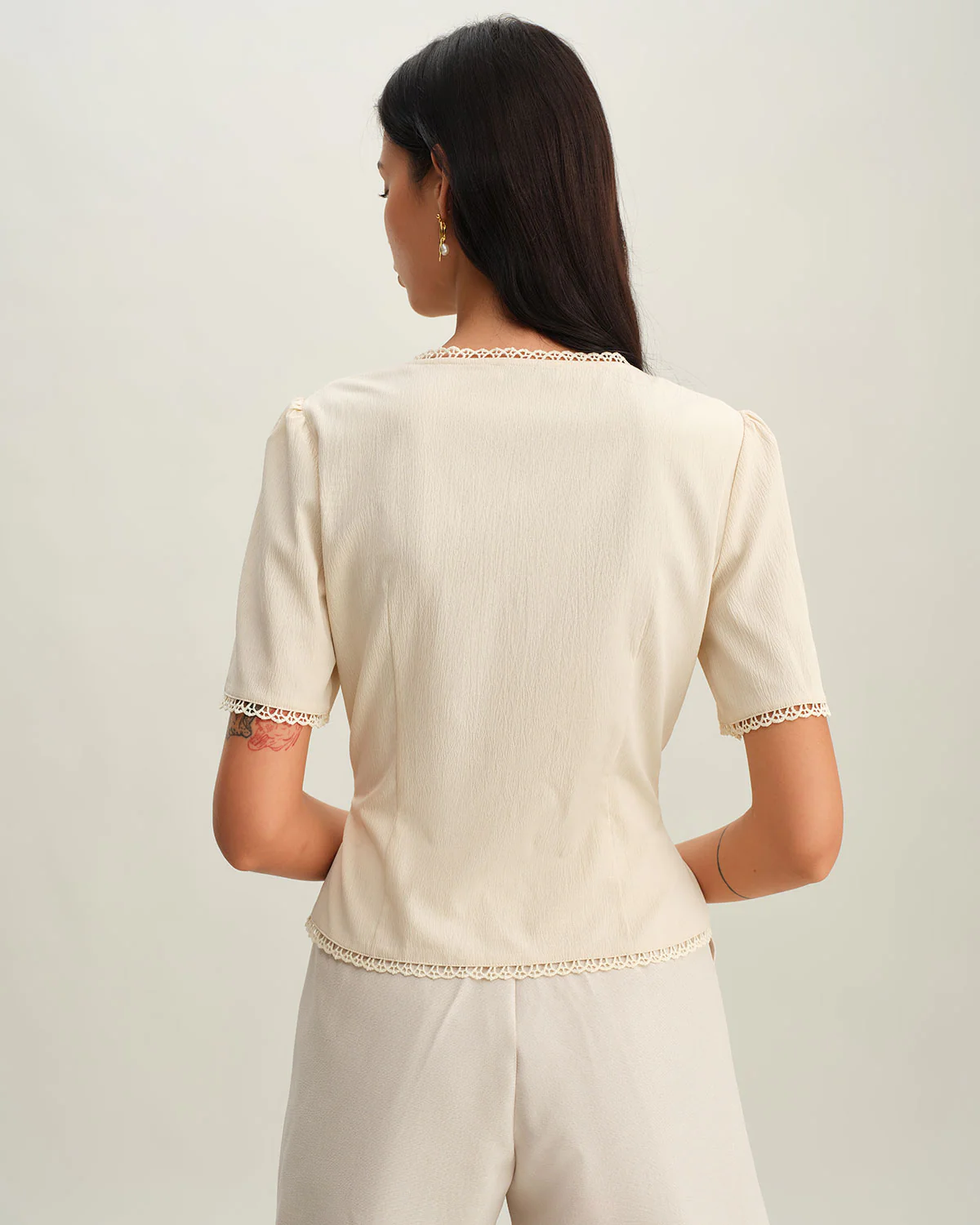 Beige V Neck Pleated Button Blouse - Image 4