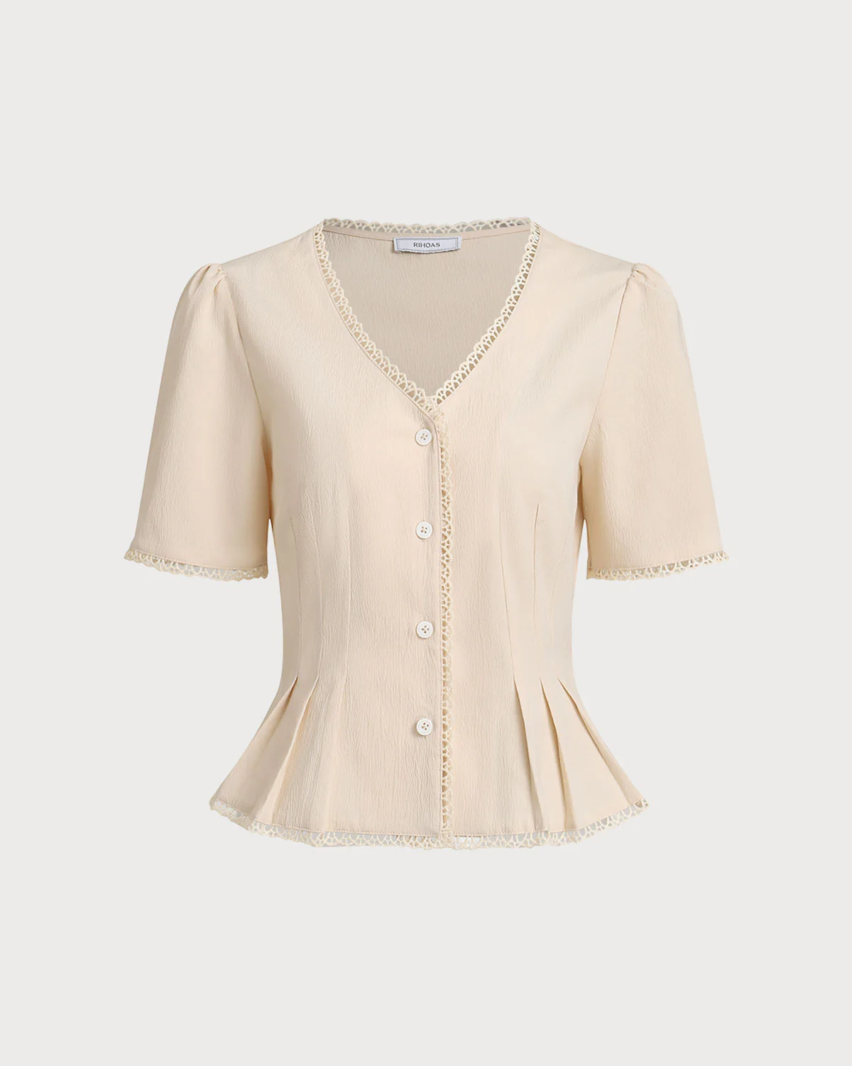 Beige V Neck Pleated Button Blouse - Image 5