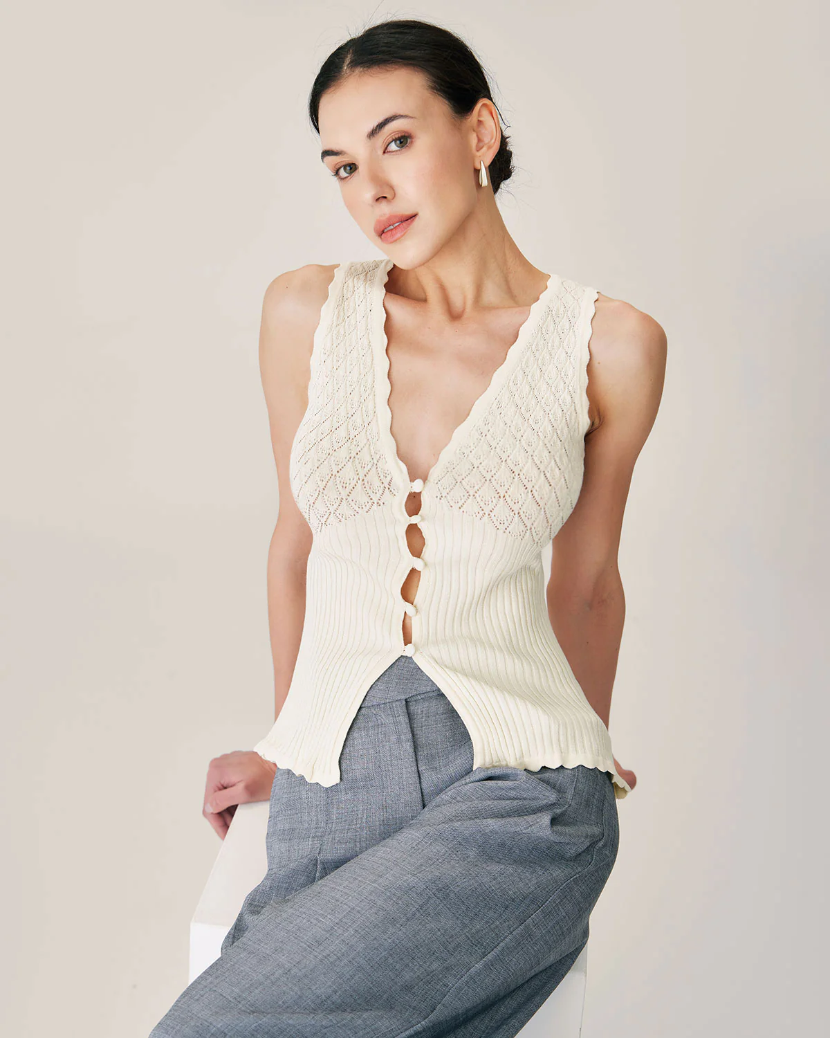 Beige V Neck Ribbed Knit Tank - Image 4