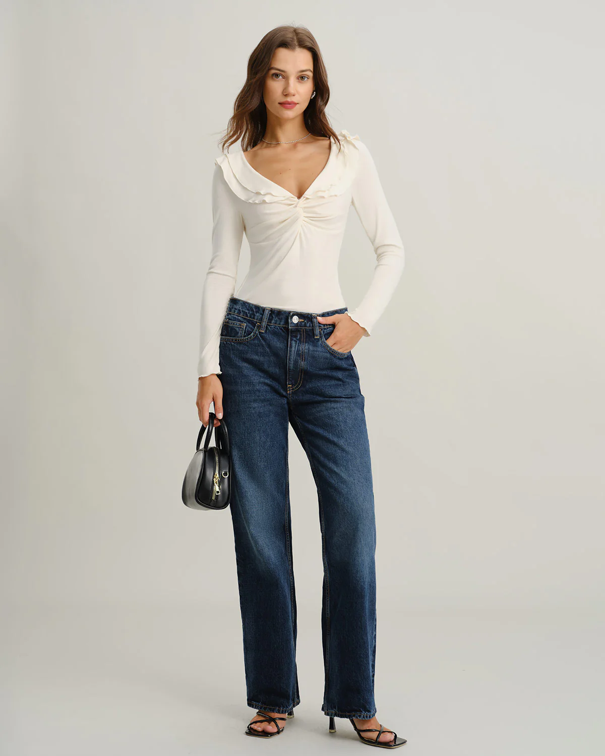 Beige V Neck Ruffle Twist Tee - Image 4