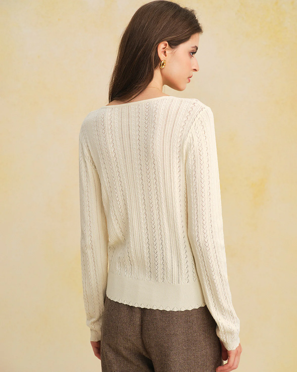 Beige V Neck Slim Knit Cardigan - Image 3