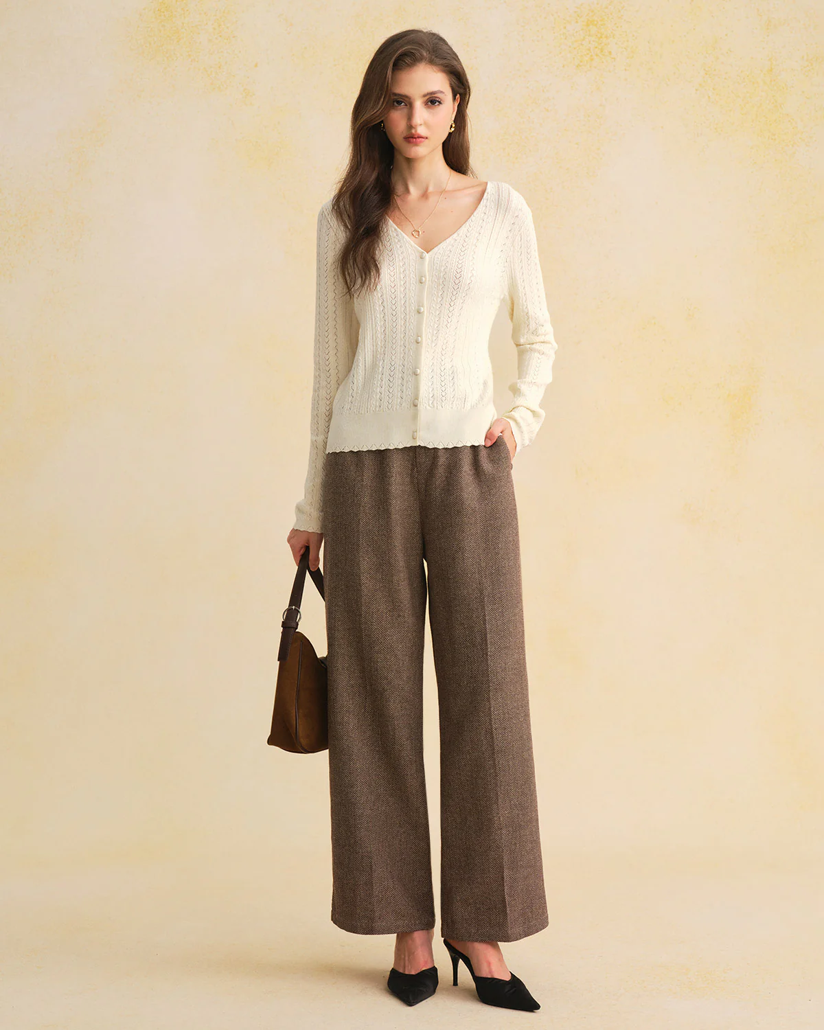 Beige V Neck Slim Knit Cardigan - Image 4