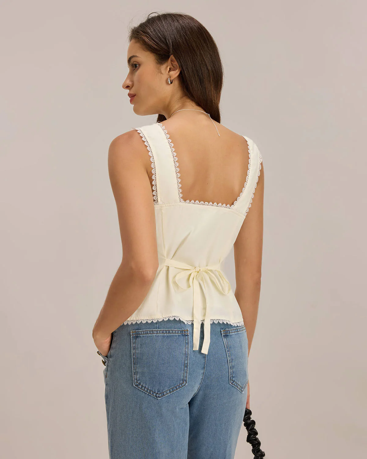 Beige Vest V Neck Lace Tie-Back Vest - Image 3