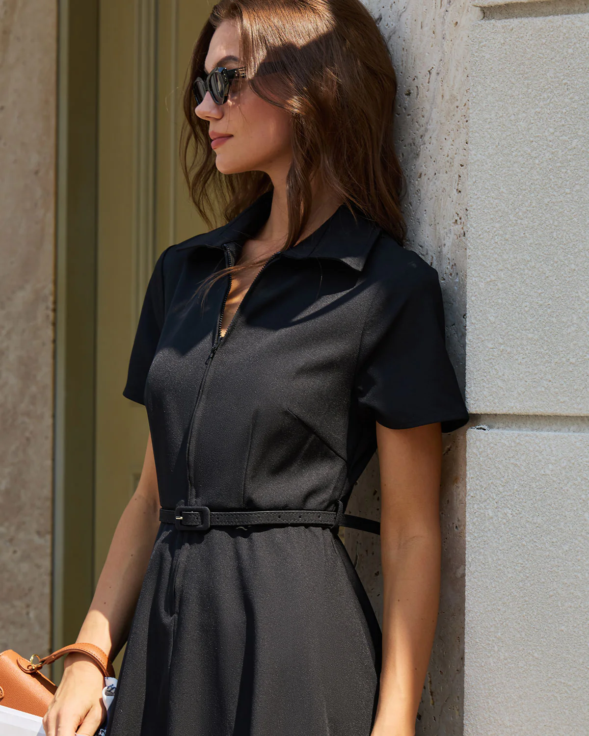 Black A-Line Belted Midi Dress - Image 2