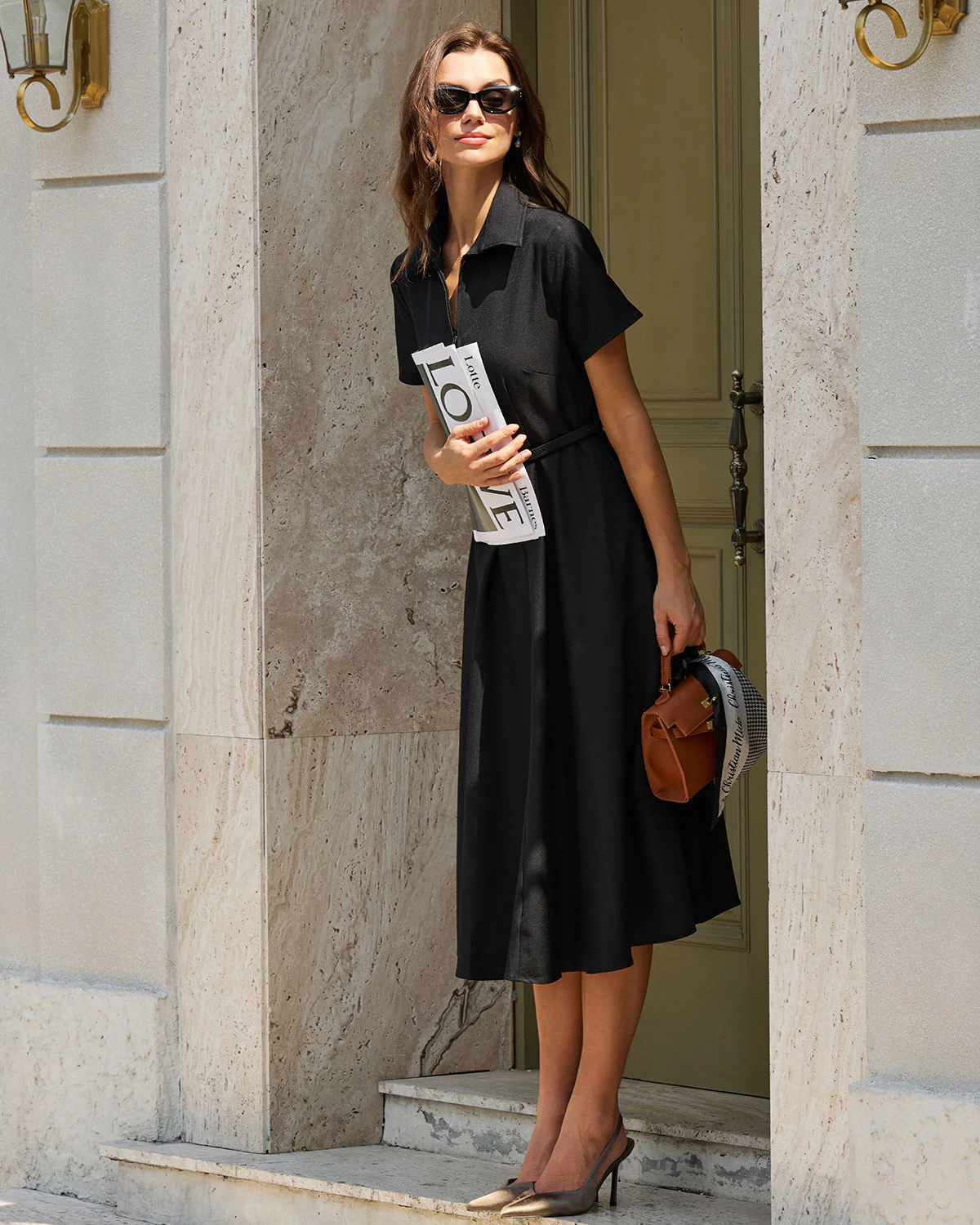 Black A-Line Belted Midi Dress - Image 4