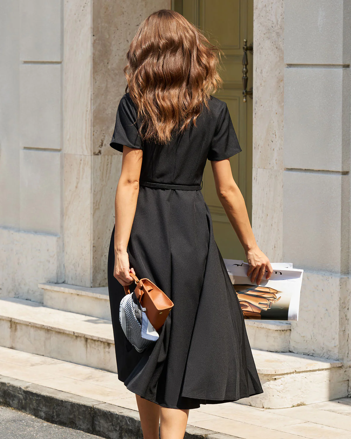 Black A-Line Belted Midi Dress - Image 5