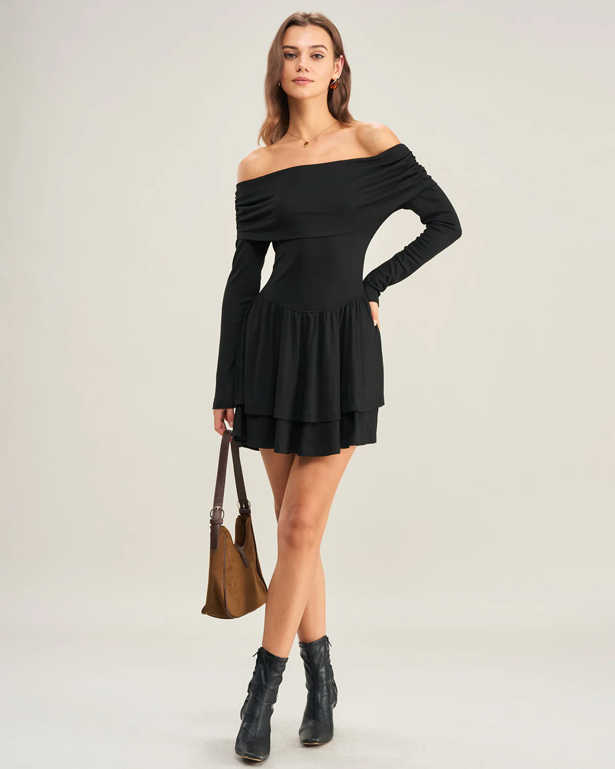 Black A-Line Off The Shoulder Mini Dress - Image 3
