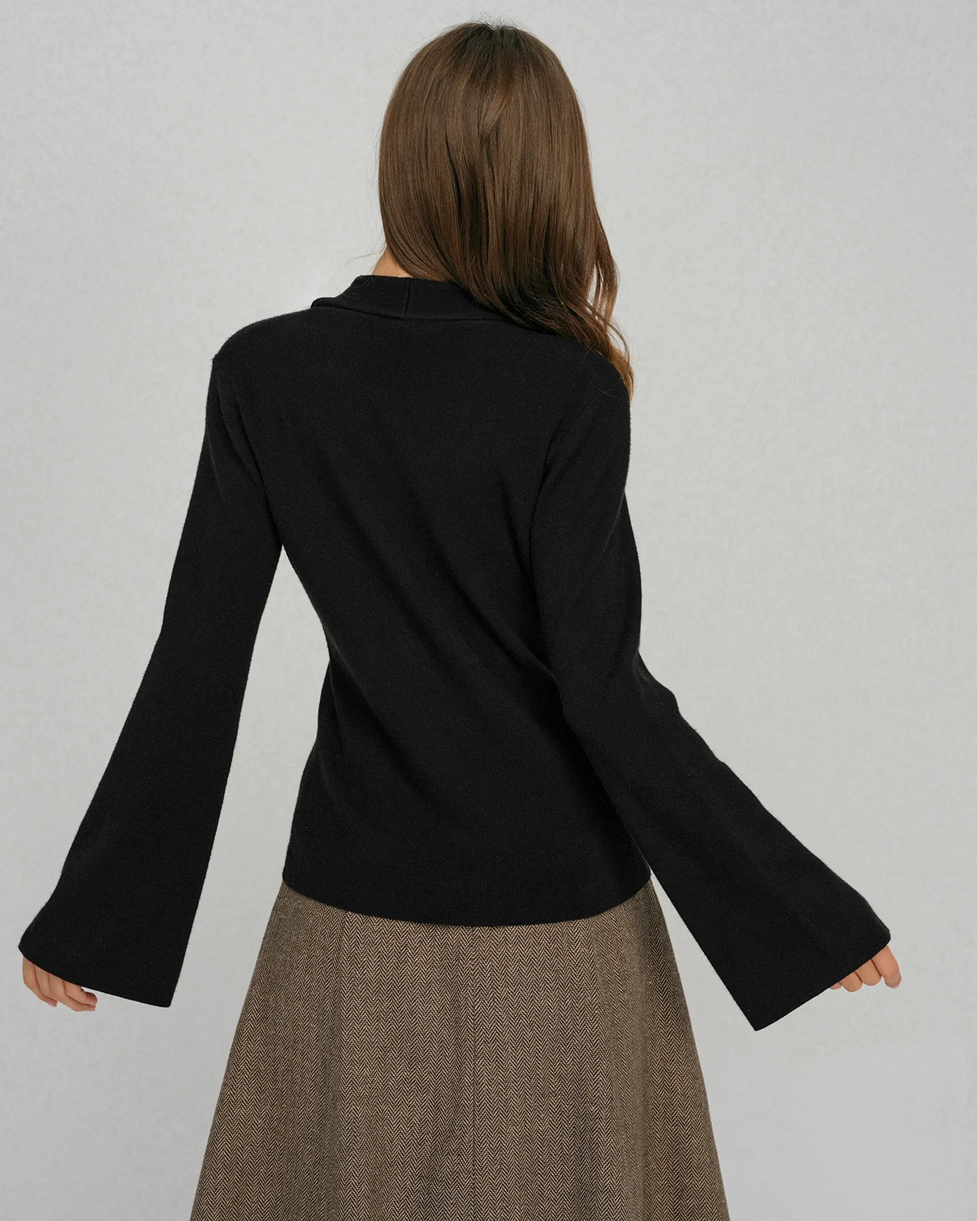 Black Bell Sleeve Button Collar Sweater - Image 3