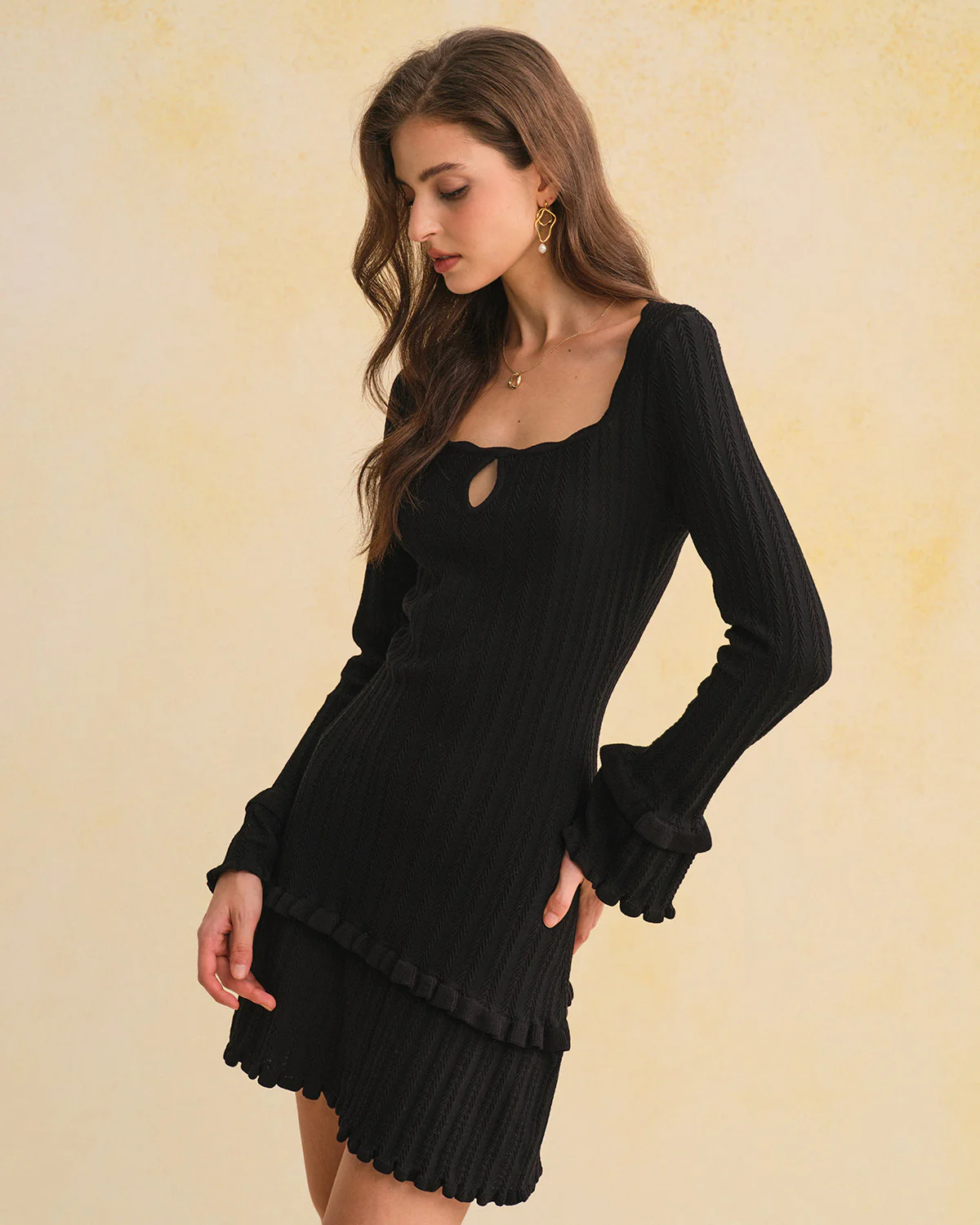 Black Bell Sleeve Ruffle Sweater Dress - Image 2