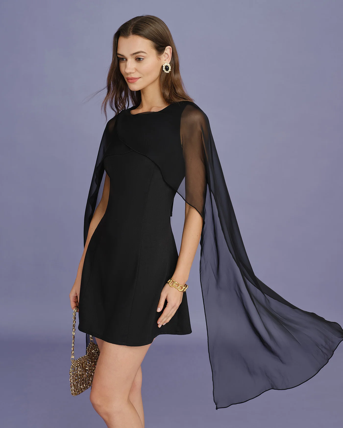 Black Boat Neck Flowy Mini Dress - Image 2