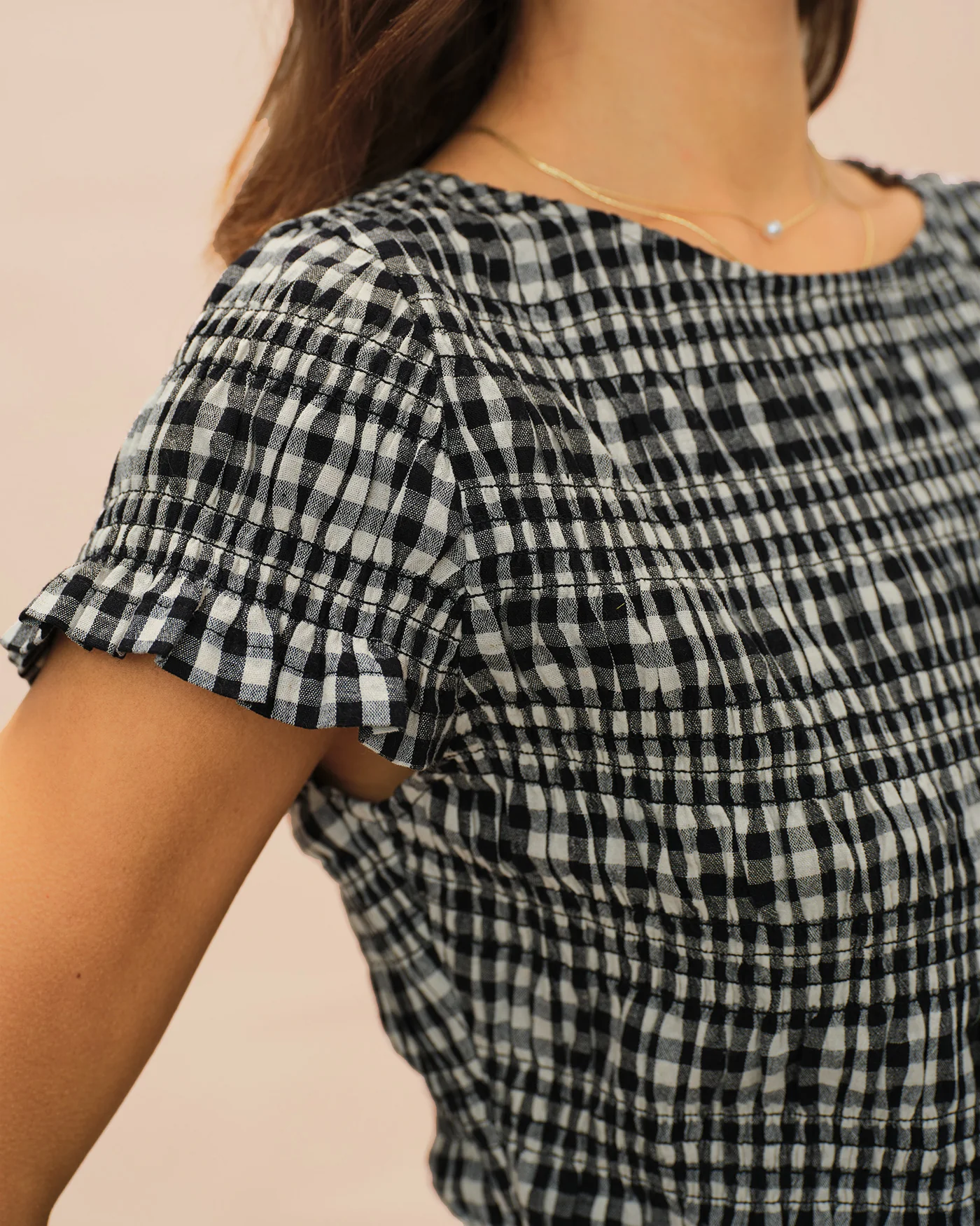 Black Boat Neck Shirred Plaid Tee - Image 2