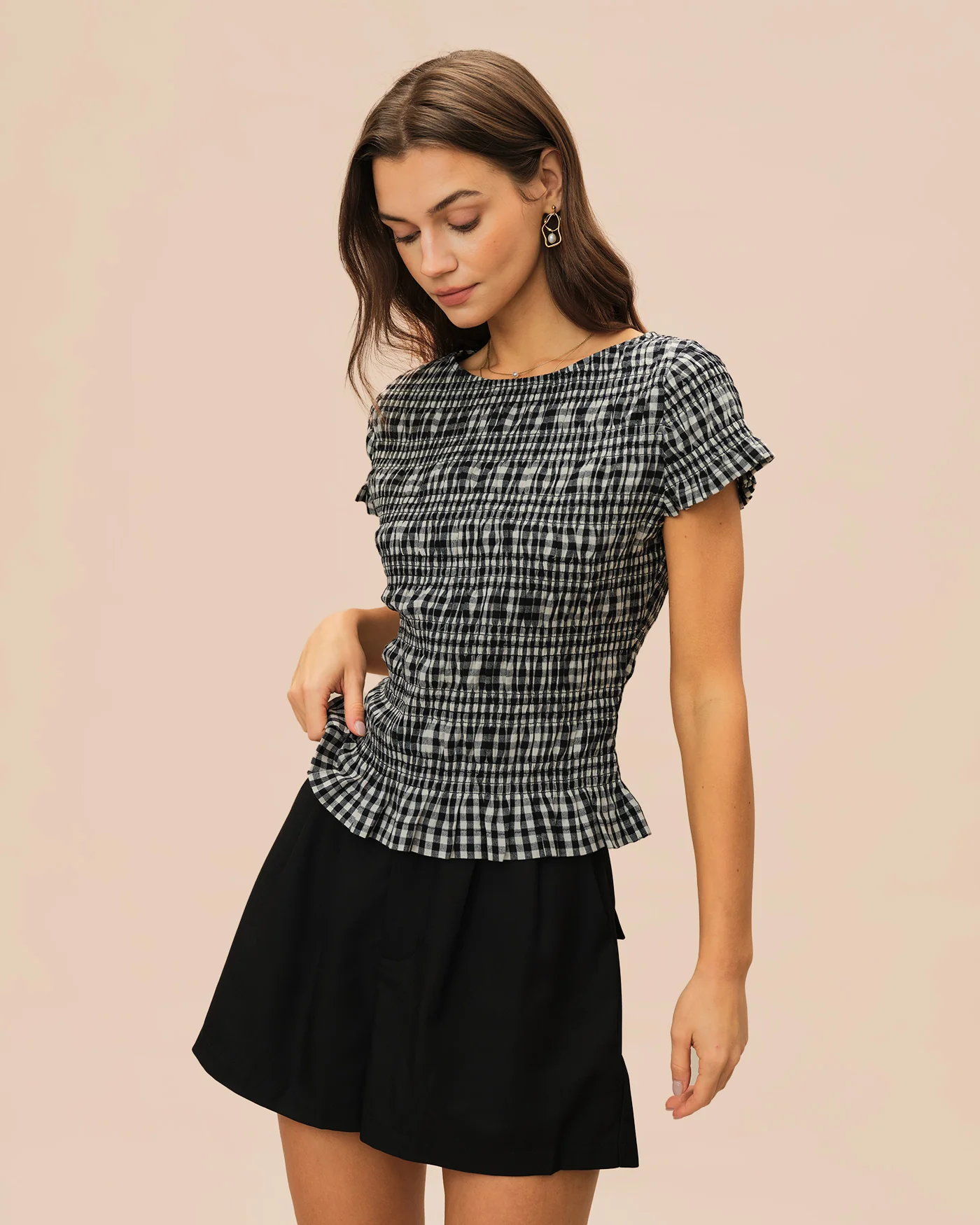 Black Boat Neck Shirred Plaid Tee - Image 4