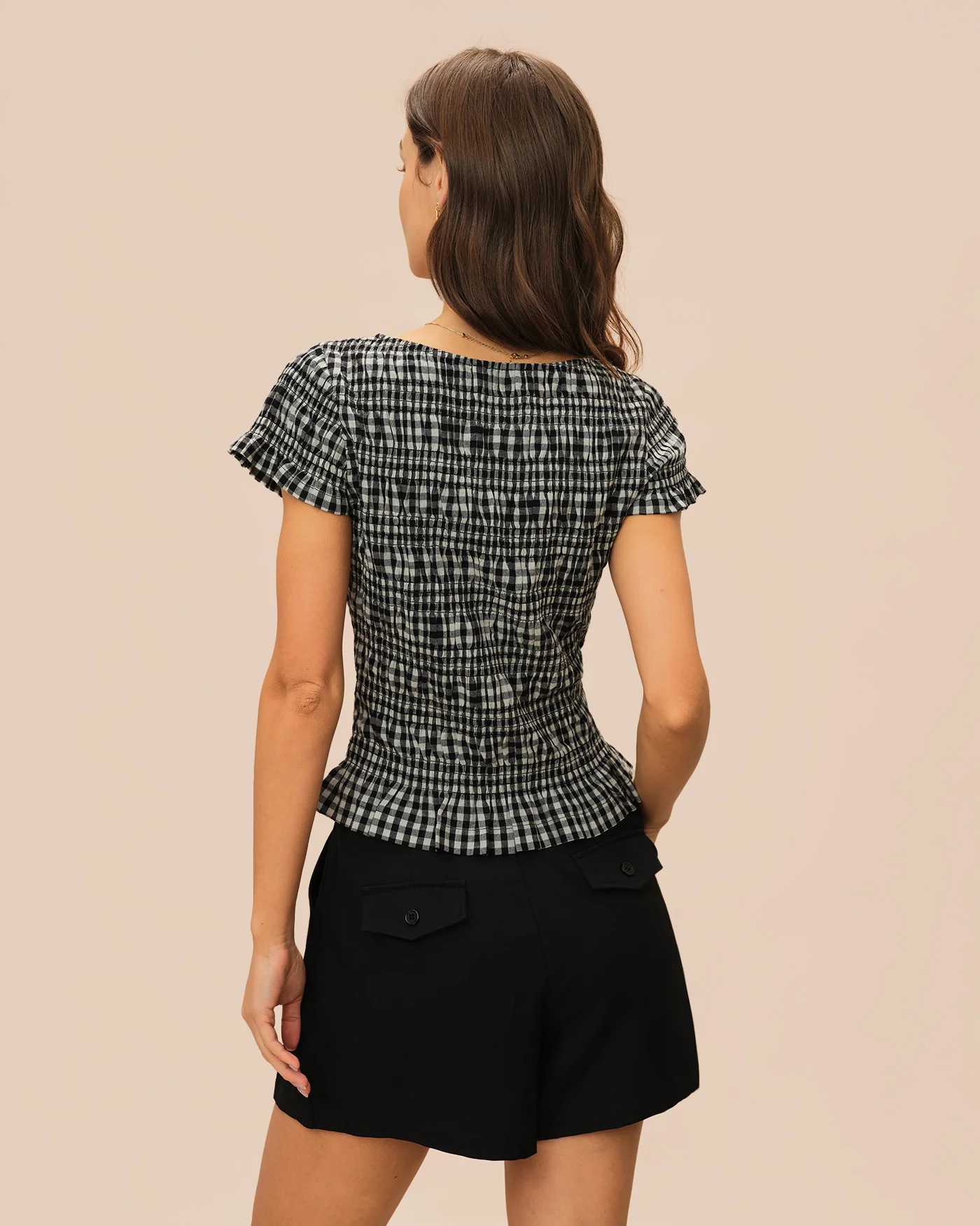Black Boat Neck Shirred Plaid Tee - Image 5