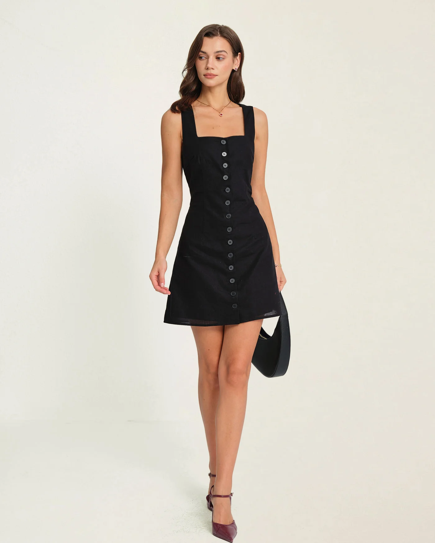 Black Button Square Neck Mini Dress - Image 3