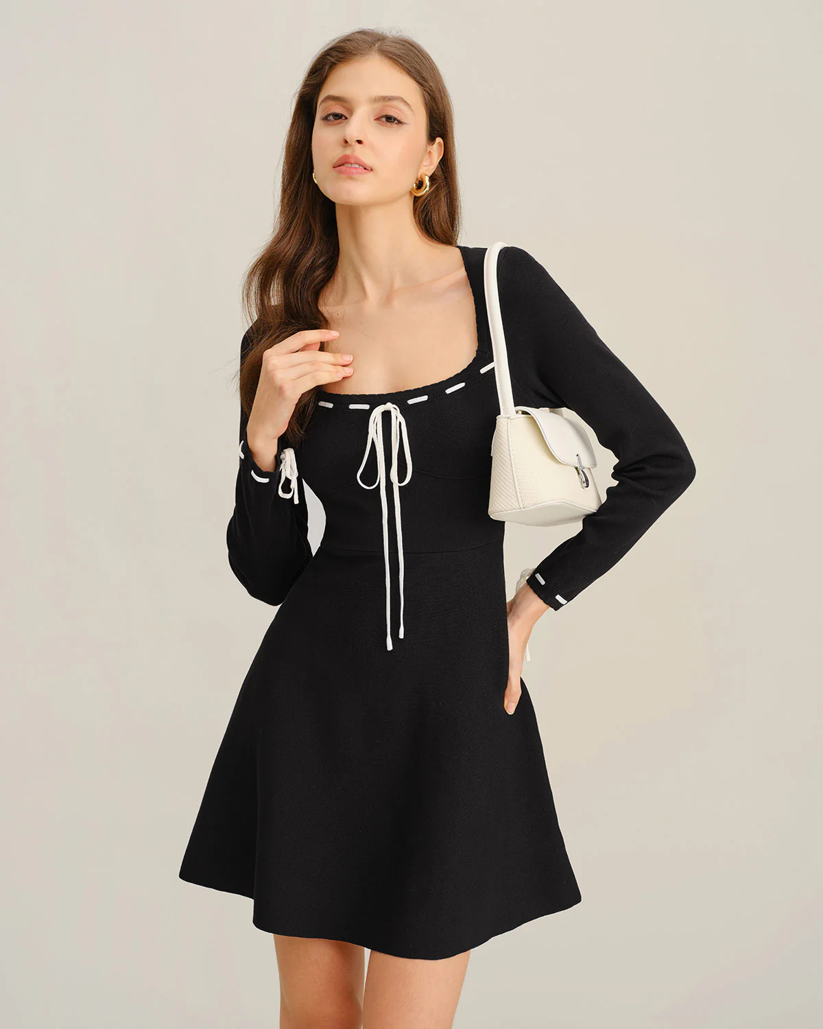 Black Contrasting A-Line Sweater Dress - Image 3