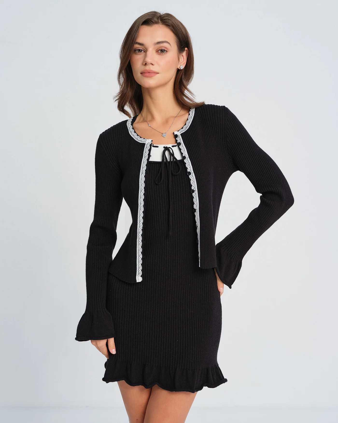 Black Contrasting Bell Sleeve Knit Cardigan - Image 5