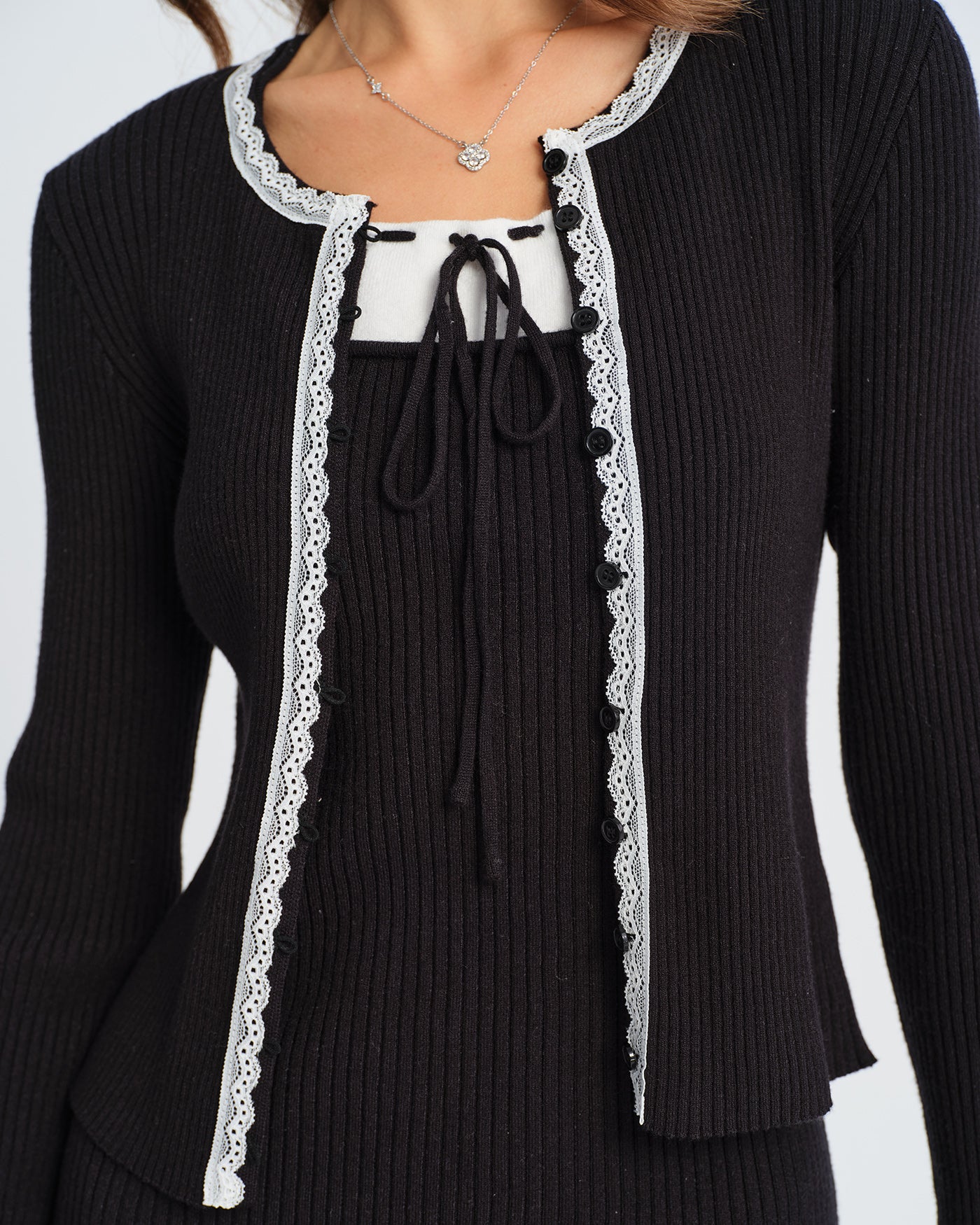 Black Contrasting Bell Sleeve Knit Cardigan - Image 6