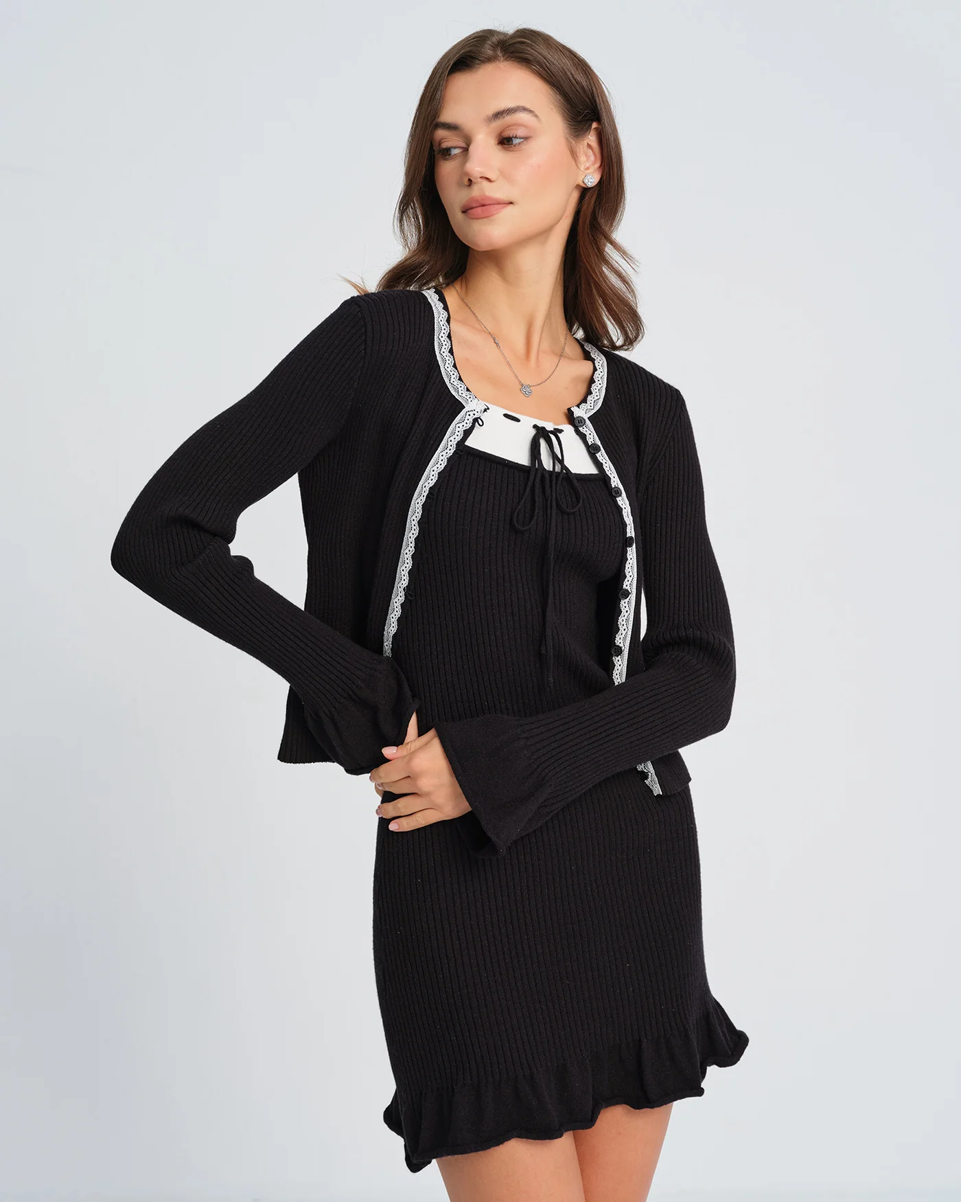 Black Contrasting Bell Sleeve Knit Cardigan - Image 8