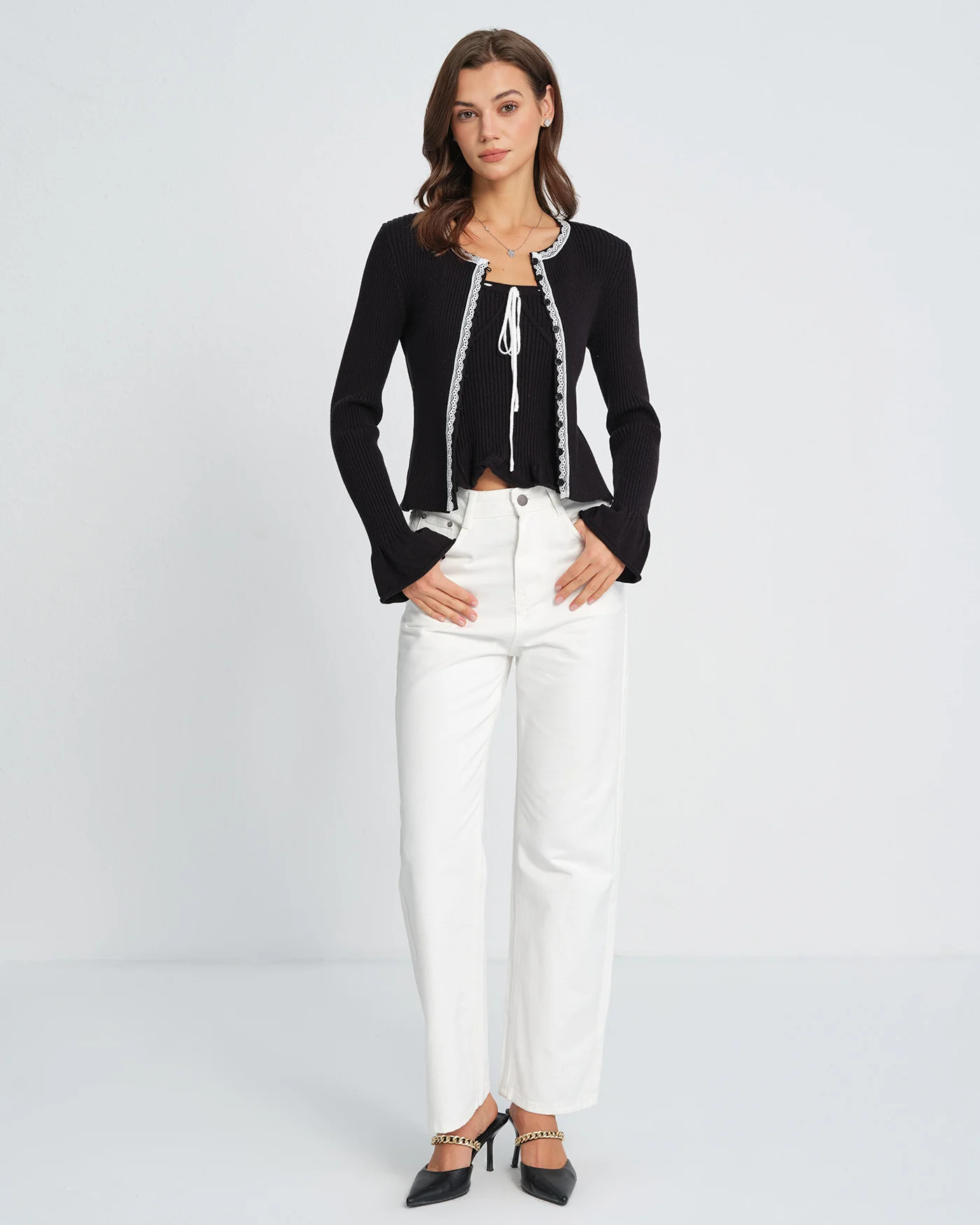 Black Contrasting Bell Sleeve Knit Cardigan - Image 9
