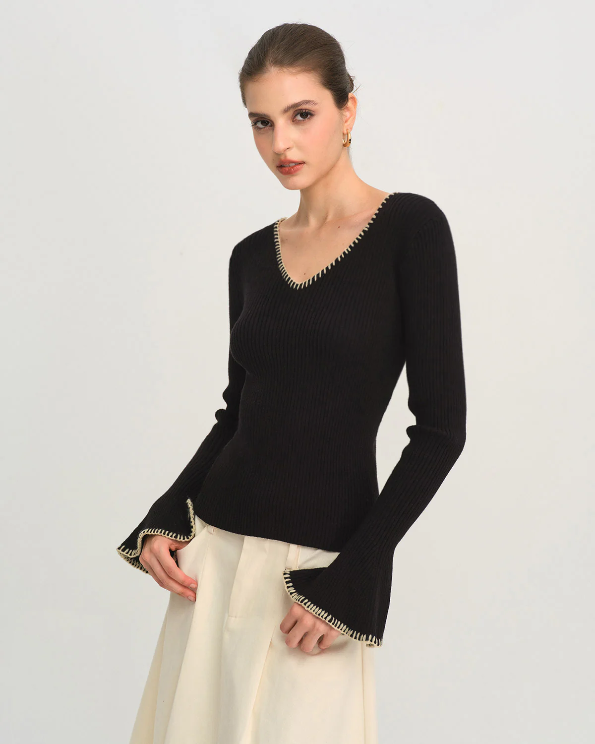 Black Contrasting Bell Sleeve Knit Tee - Image 3