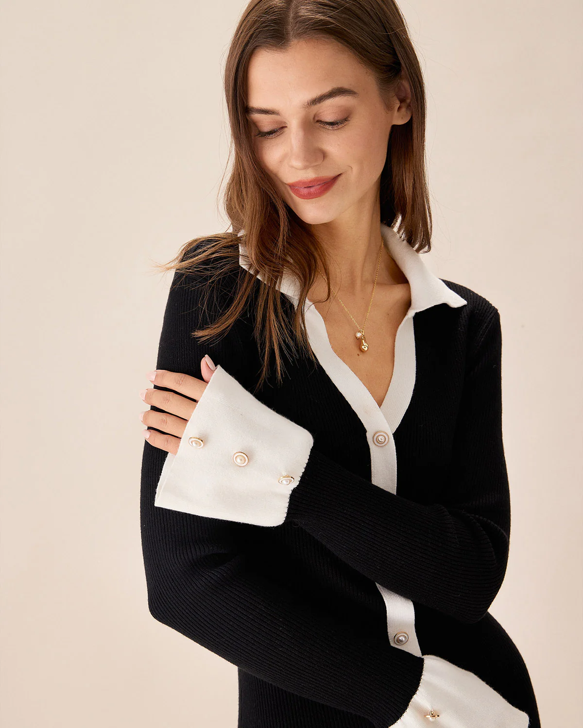Black Contrasting Bell Sleeve Sweater Dress - Image 2