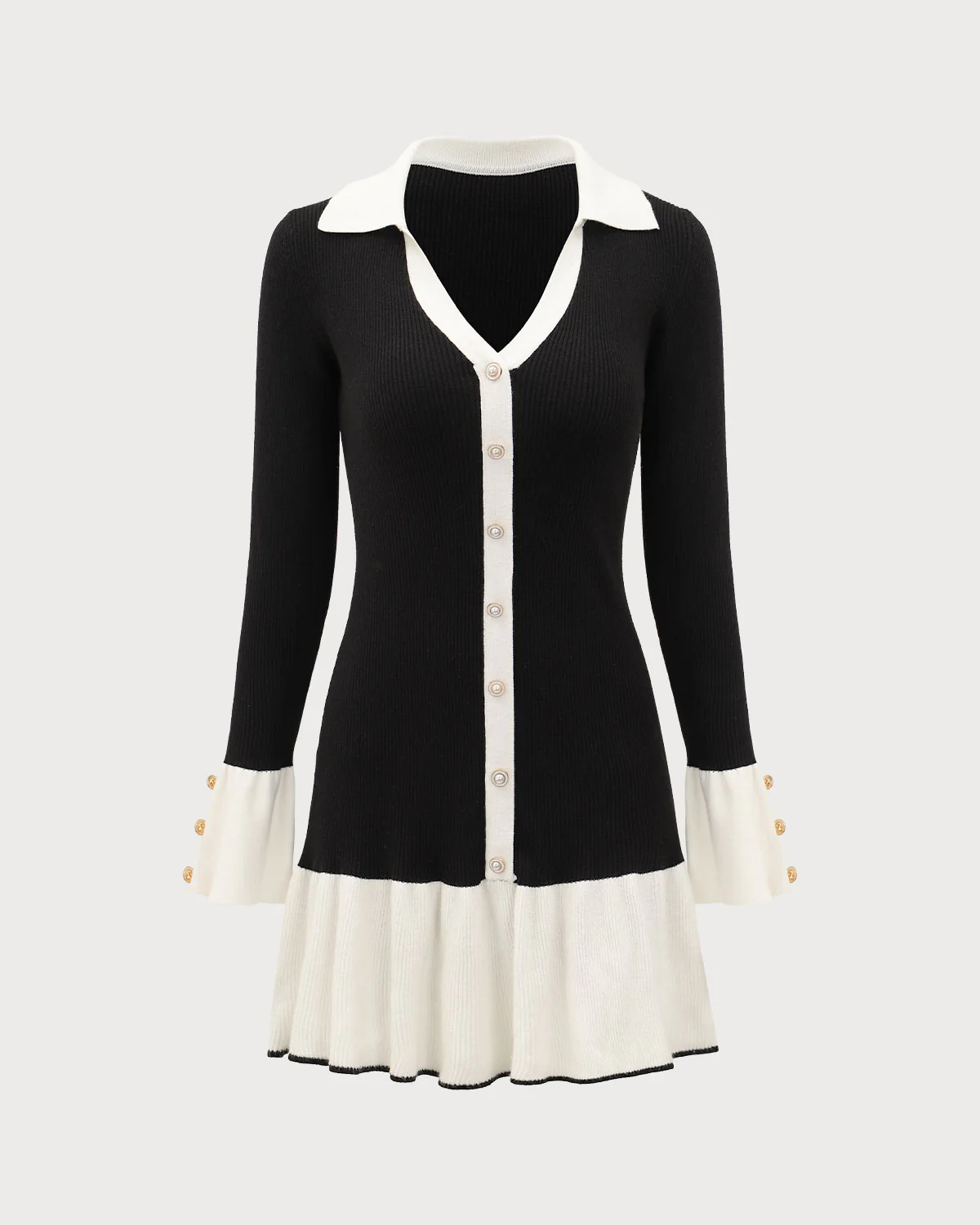 Black Contrasting Bell Sleeve Sweater Dress - Image 5