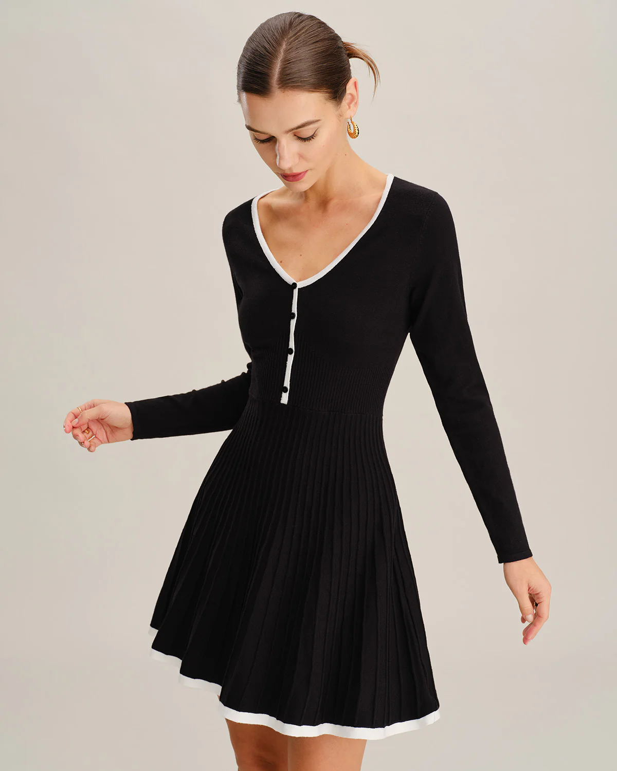 Black Contrasting V Neck Button Sweater Dress - Image 2