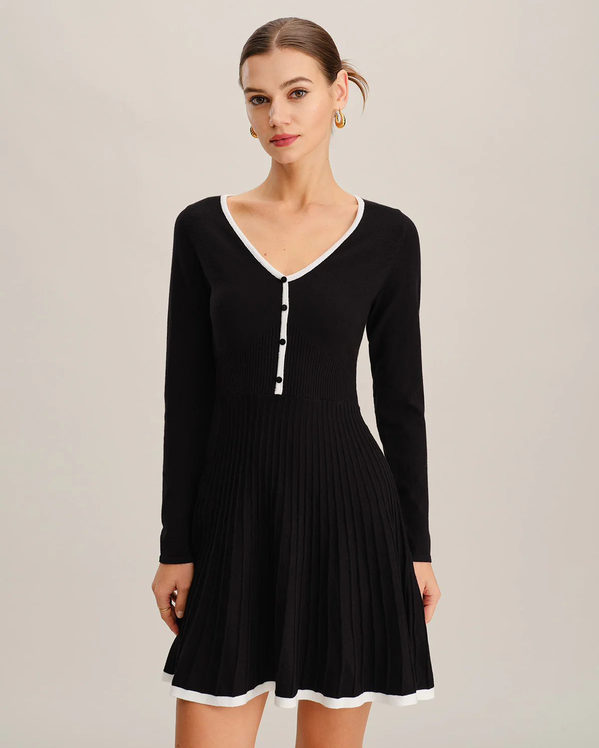 Black Contrasting V Neck Button Sweater Dress - Image 3