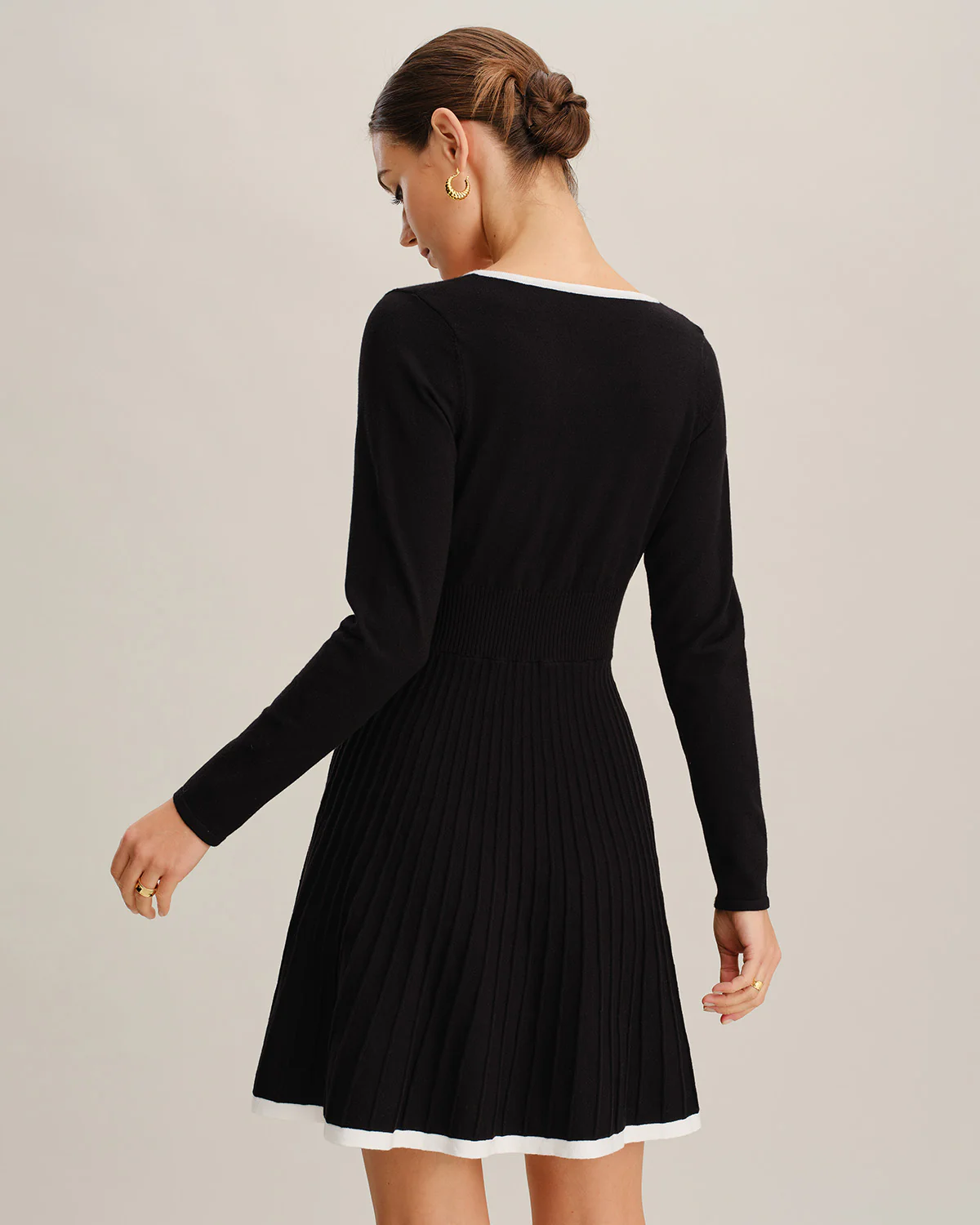 Black Contrasting V Neck Button Sweater Dress - Image 4