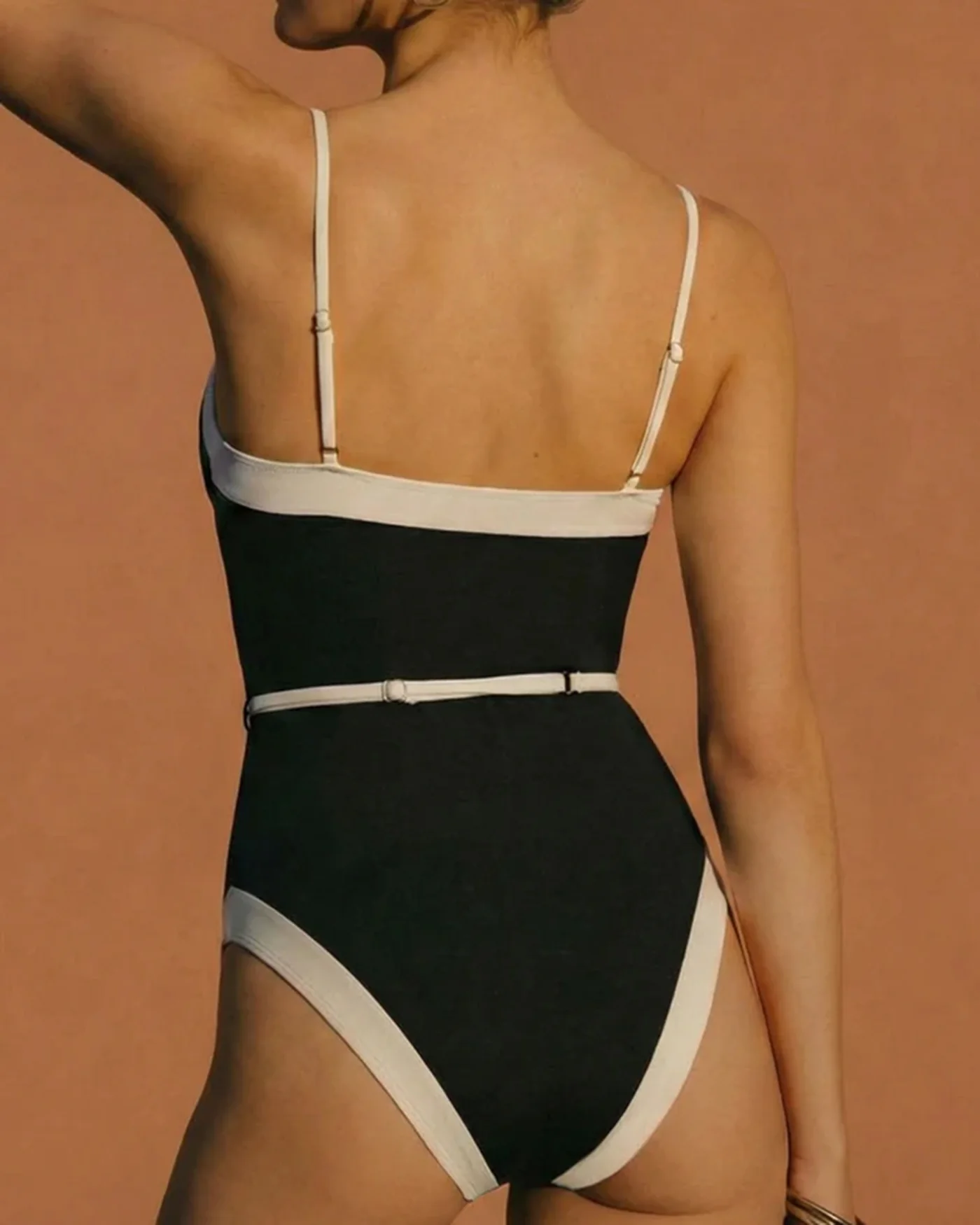 Black Contrasting V Neck One Piece Swimwear - Image 2