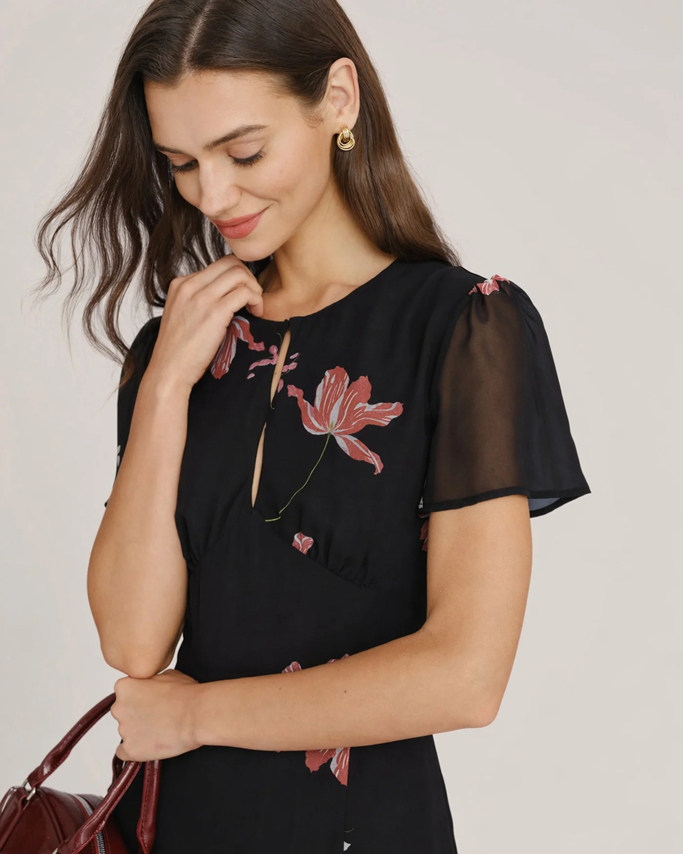 Black Cut Out Floral Midi Dress - Image 2