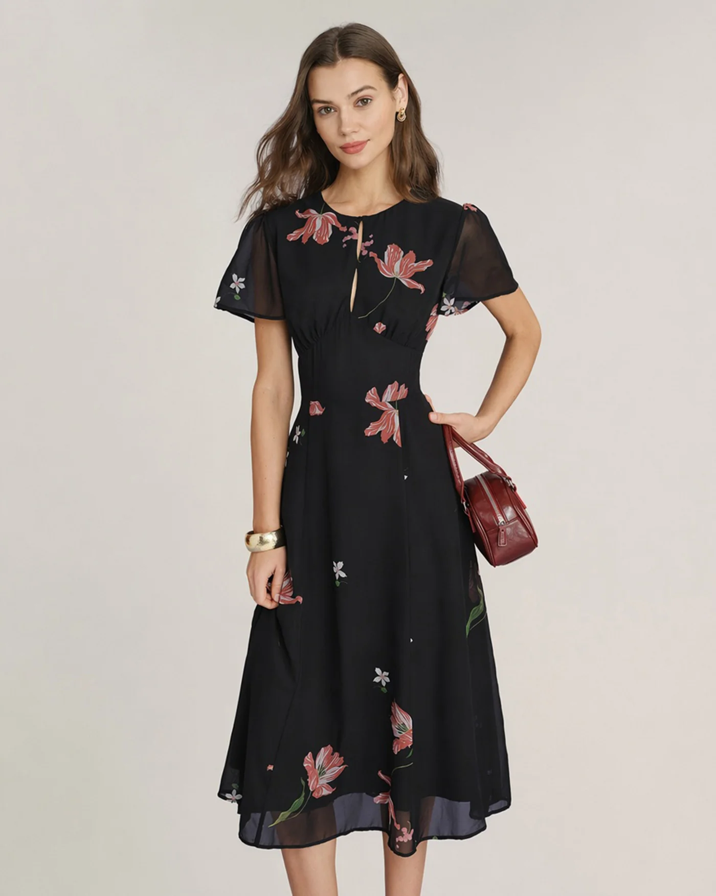Black Cut Out Floral Midi Dress - Image 3