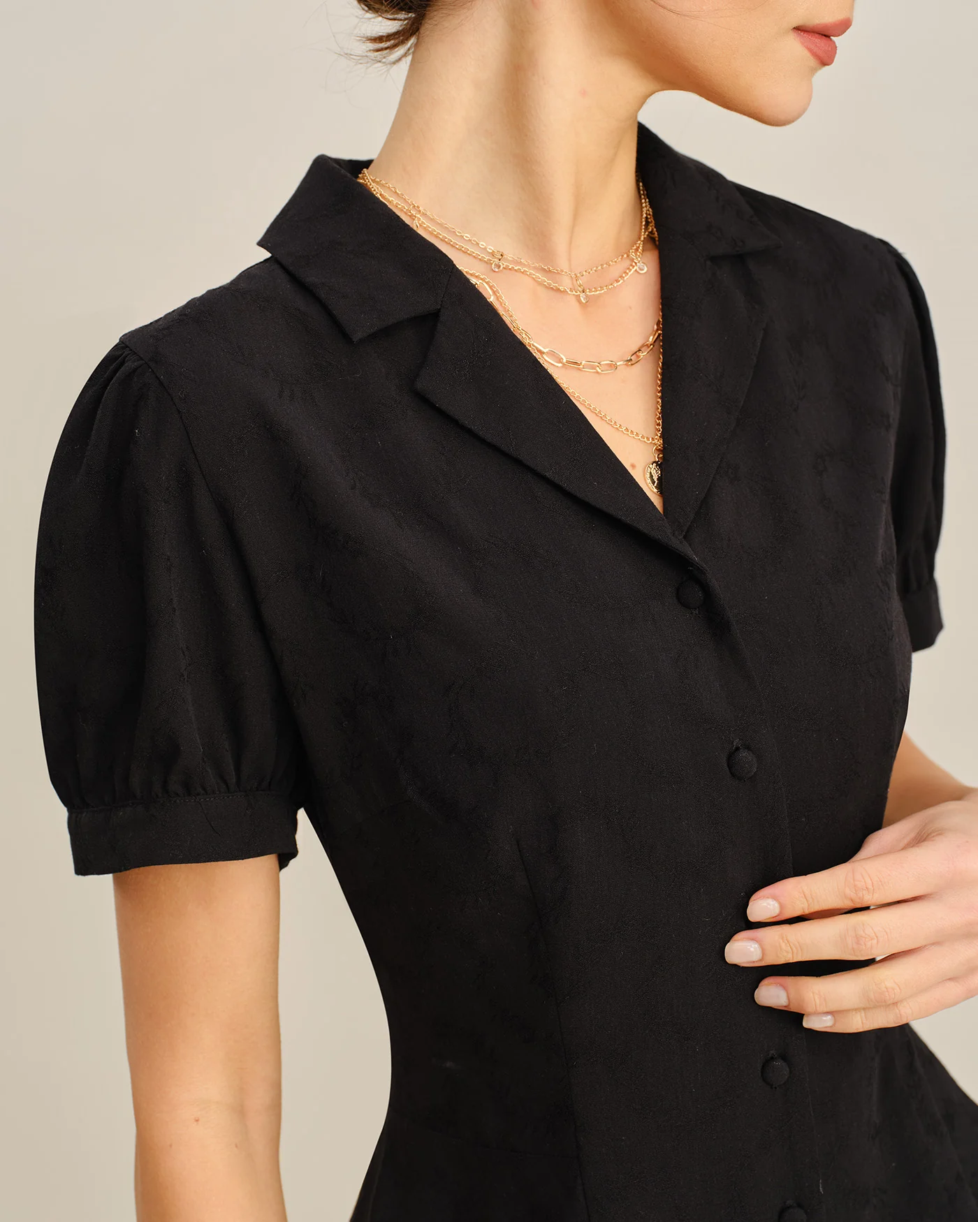 Black Embroidery Collar Button Blouse - Image 2